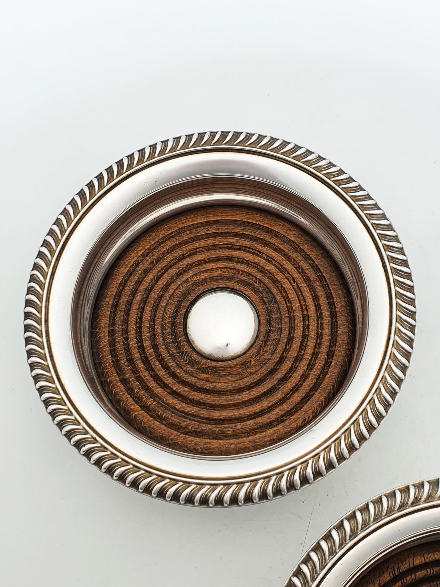 Nice Pair of Vintage Silver Plate and Oak Wine Coasters by Barker-Ellis – circa 1930