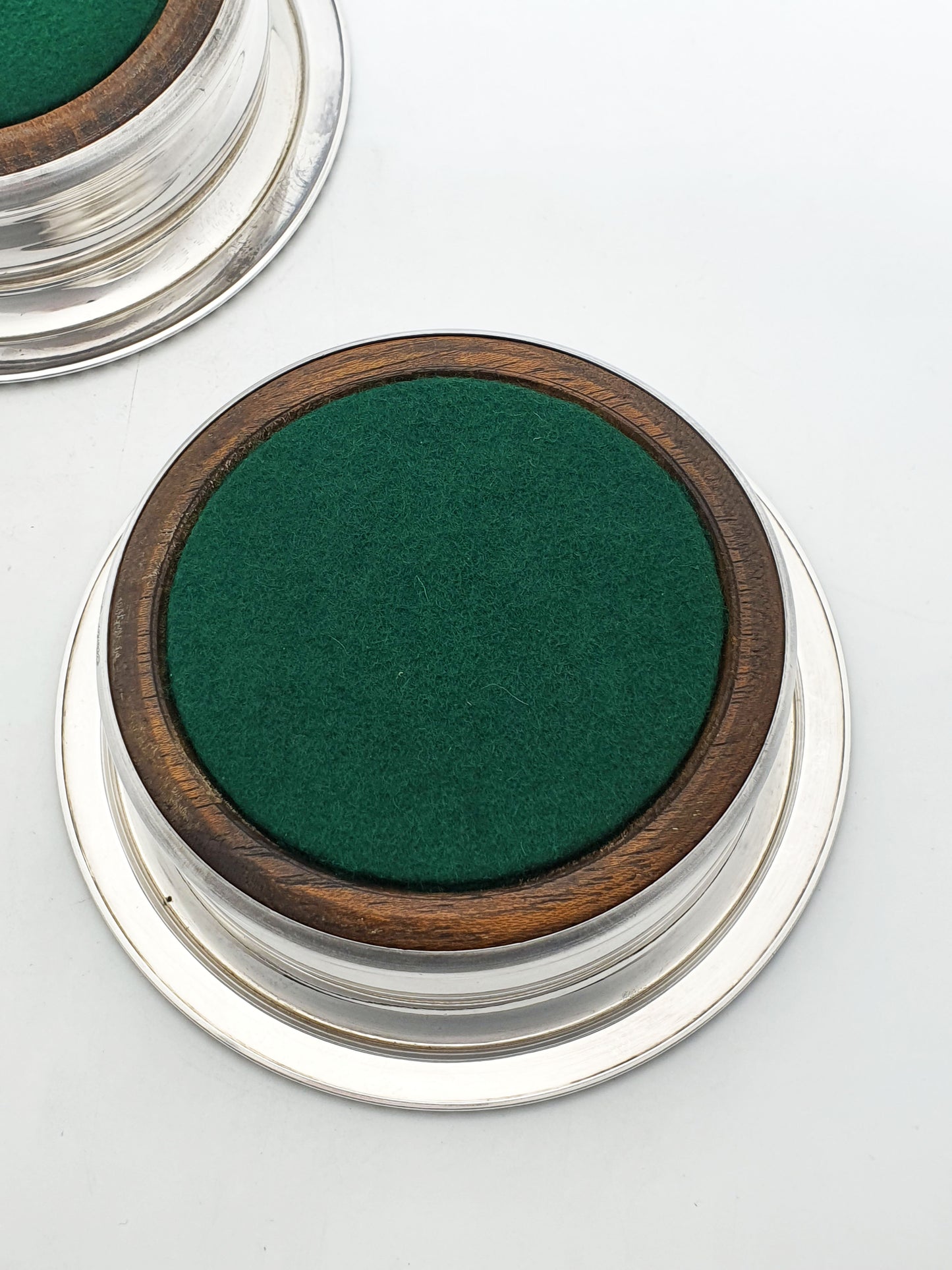 Nice Pair of Vintage Silver Plate and Oak Wine Coasters by Barker-Ellis – circa 1930