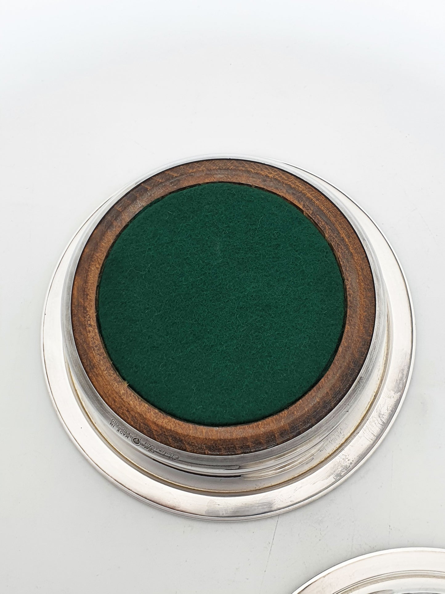 Nice Pair of Vintage Silver Plate and Oak Wine Coasters by Barker-Ellis – circa 1930