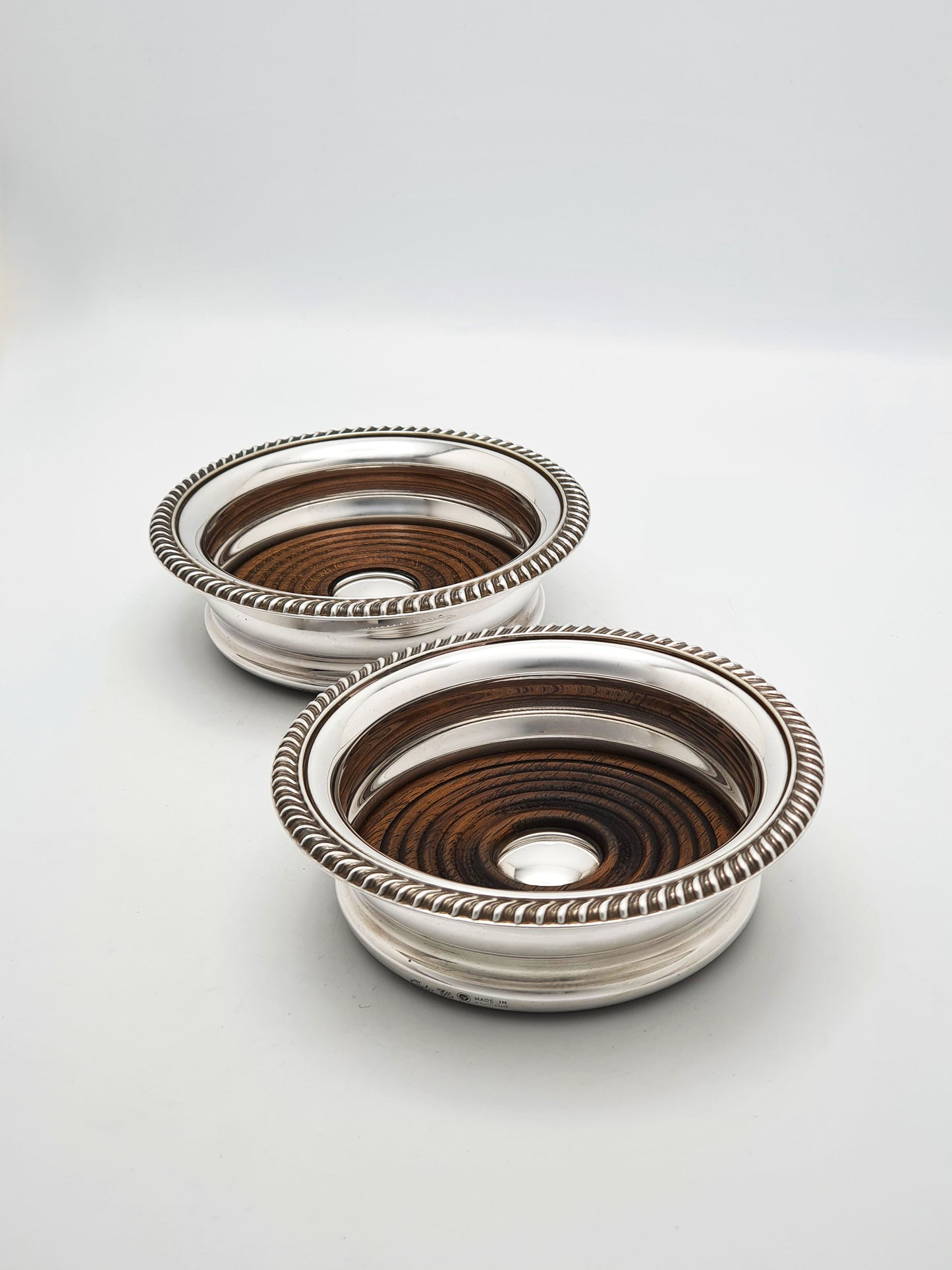 Nice Pair of Vintage Silver Plate and Oak Wine Coasters by Barker-Ellis – circa 1930