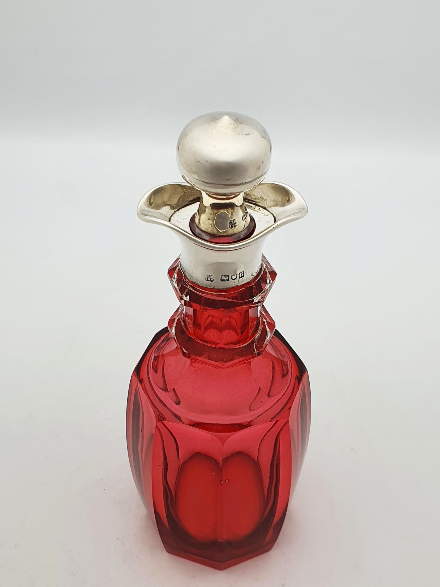 Antique Edwardian Sterling Silver Mounted Cranberry Glass Decanter - 1903