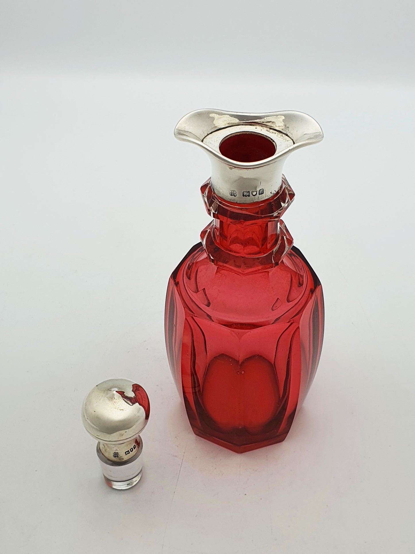 Antique Edwardian Sterling Silver Mounted Cranberry Glass Decanter - 1903