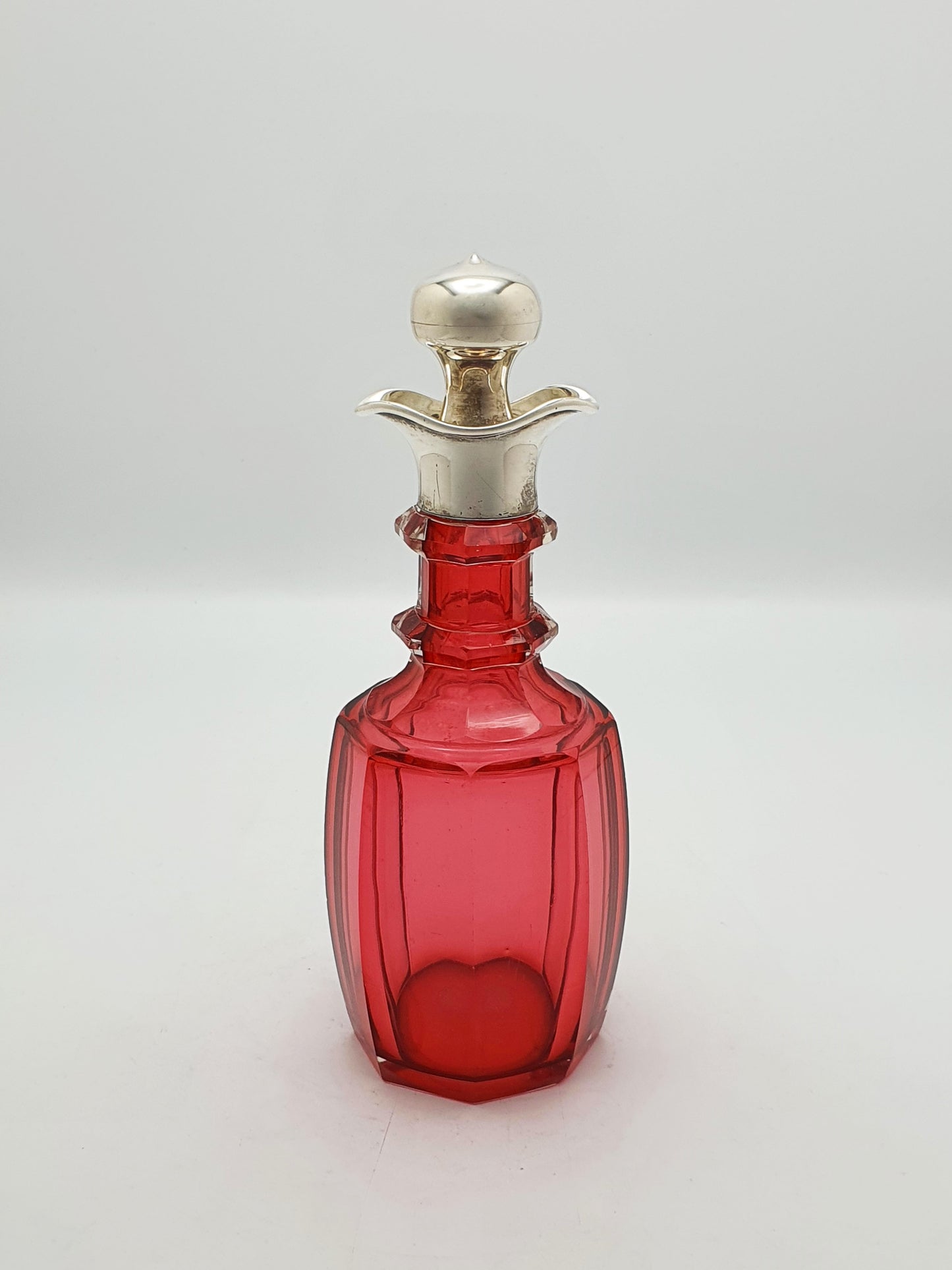 Antique Edwardian Sterling Silver Mounted Cranberry Glass Decanter - 1903