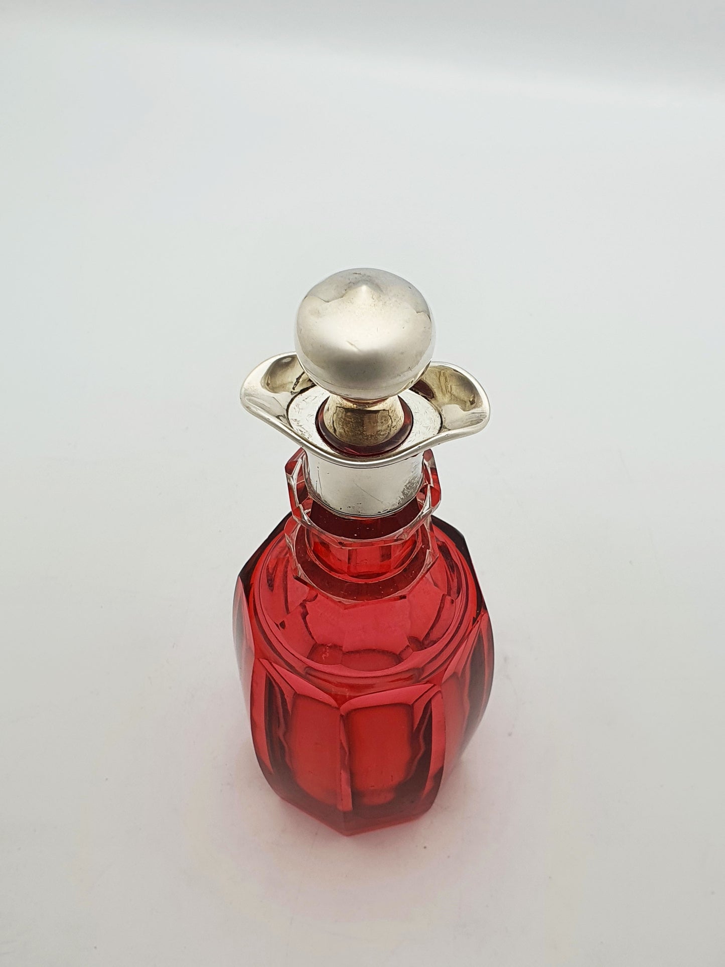 Antique Edwardian Sterling Silver Mounted Cranberry Glass Decanter - 1903