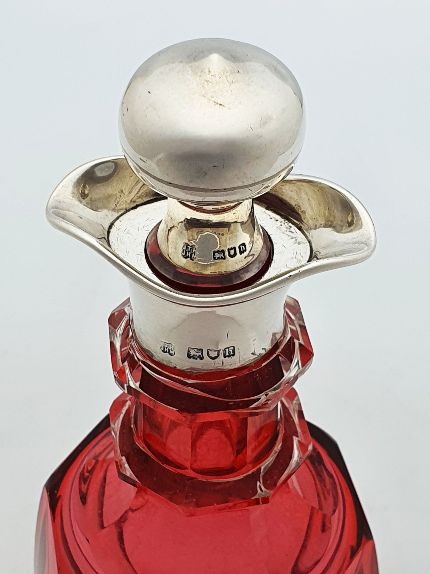 Antique Edwardian Sterling Silver Mounted Cranberry Glass Decanter - 1903