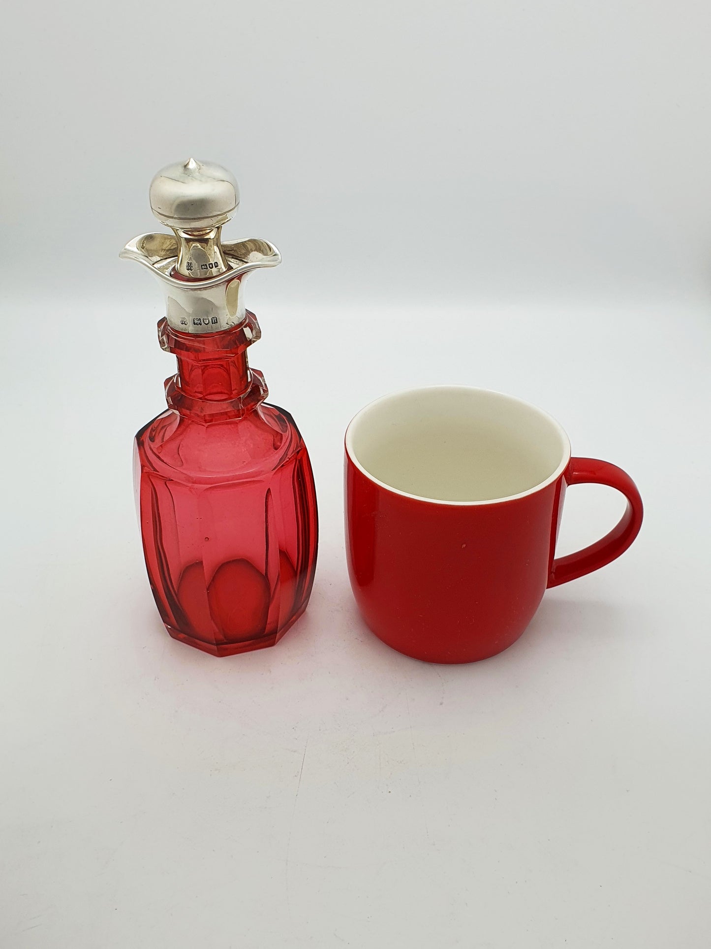 Antique Edwardian Sterling Silver Mounted Cranberry Glass Decanter - 1903