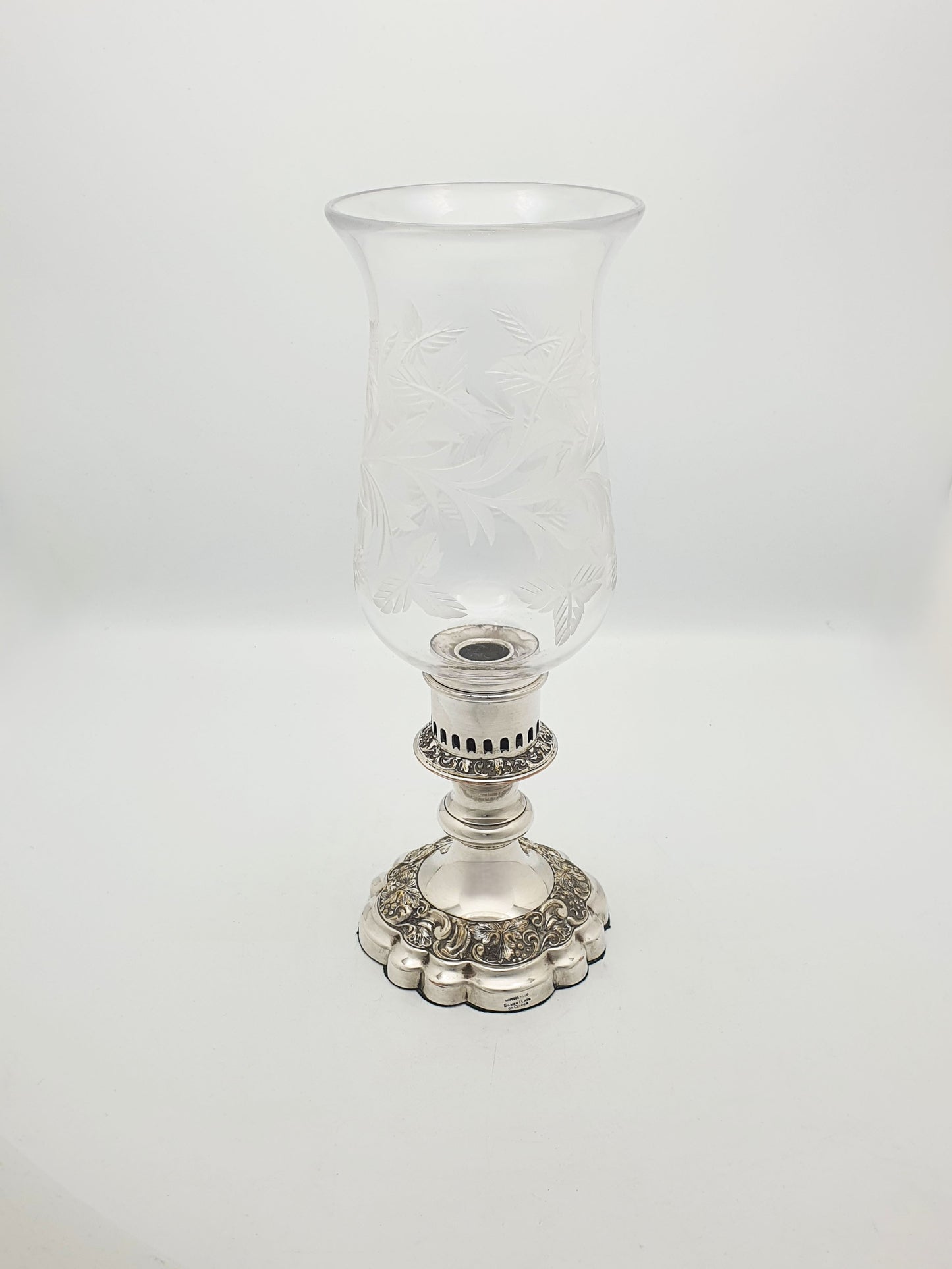 Antique Silver Plated Hurricane Lamp with Etched Glass Shade – circa 1920