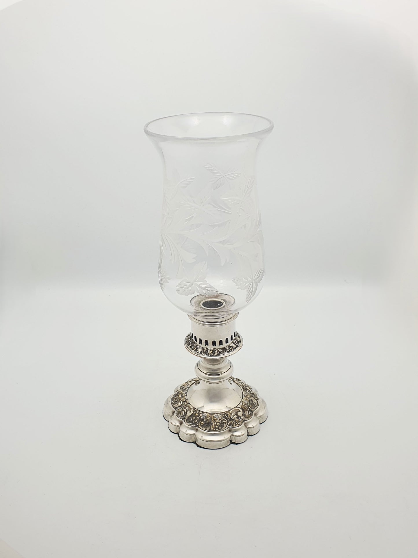 Antique Silver Plated Hurricane Lamp with Etched Glass Shade – circa 1920