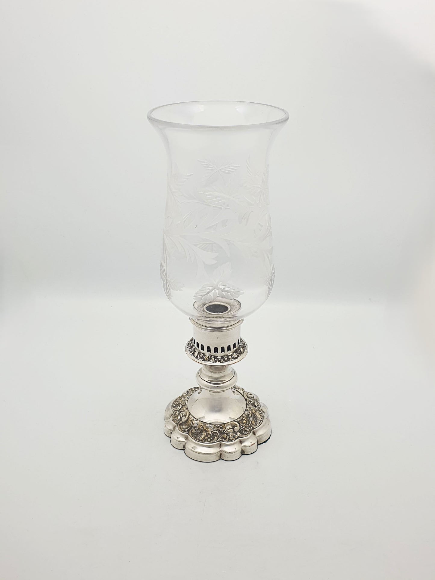 Antique Silver Plated Hurricane Lamp with Etched Glass Shade – circa 1920