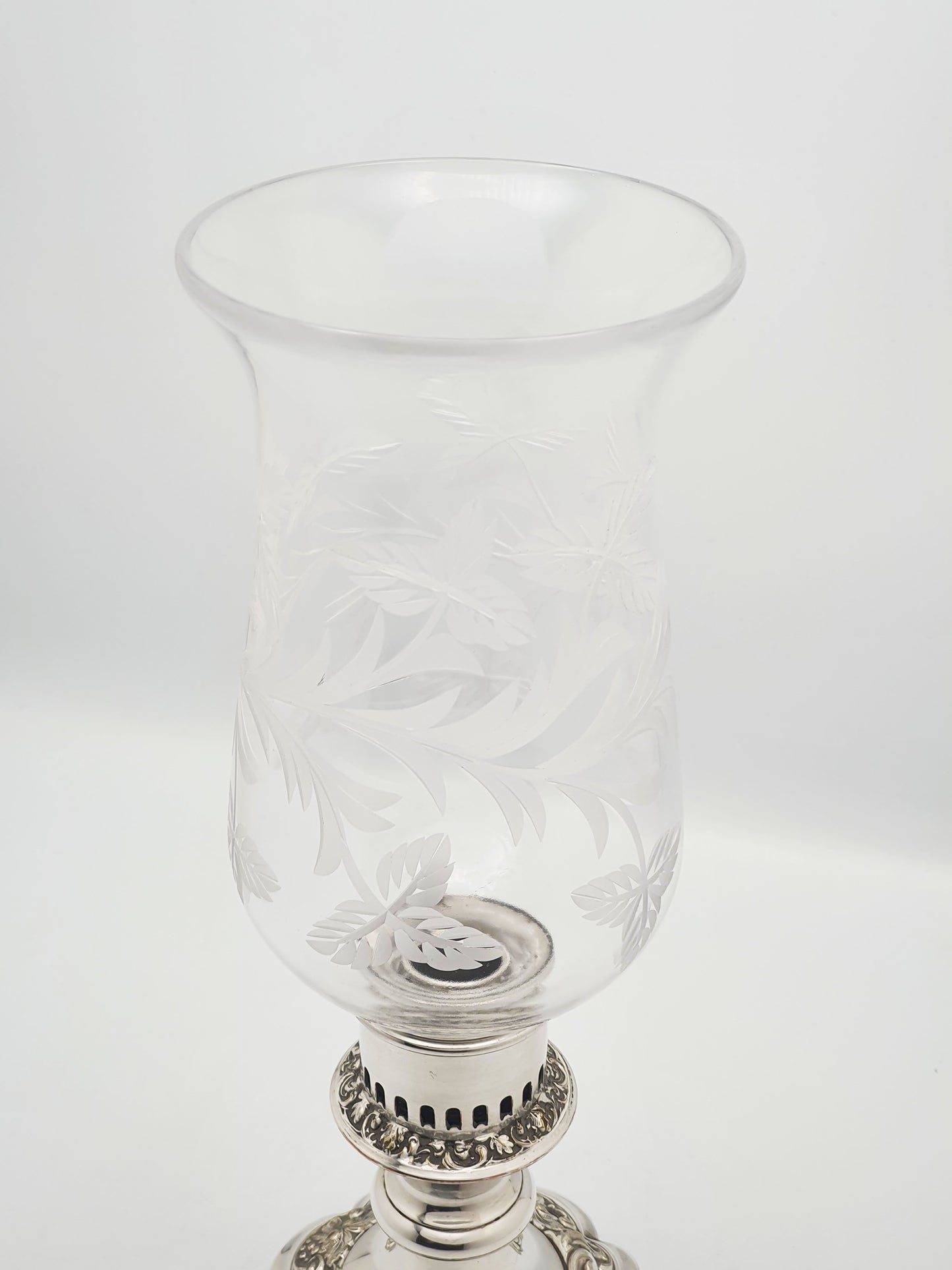 Antique Silver Plated Hurricane Lamp with Etched Glass Shade – circa 1920
