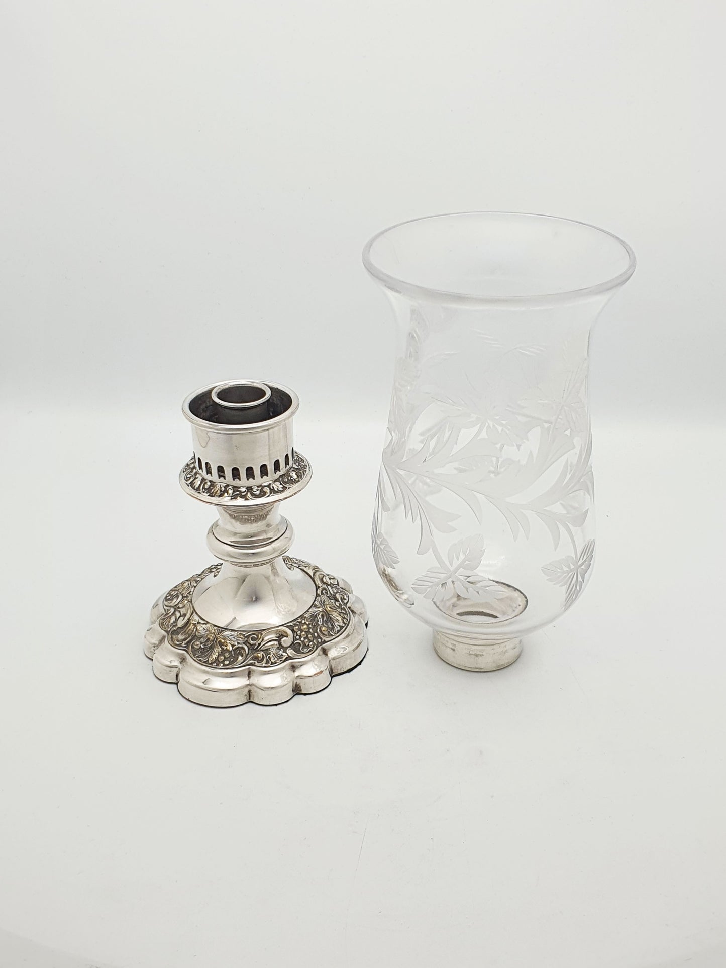 Antique Silver Plated Hurricane Lamp with Etched Glass Shade – circa 1920