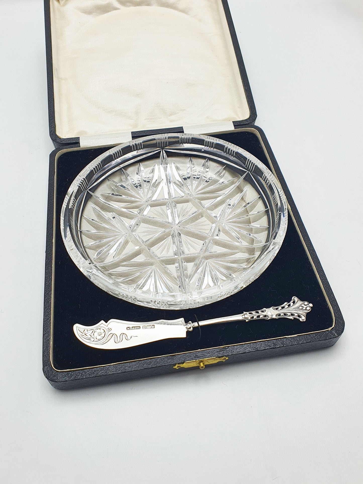 Fabulous Large Edwardian Cut Crystal Butter Dish & Sterling Silver Spreader - 1903