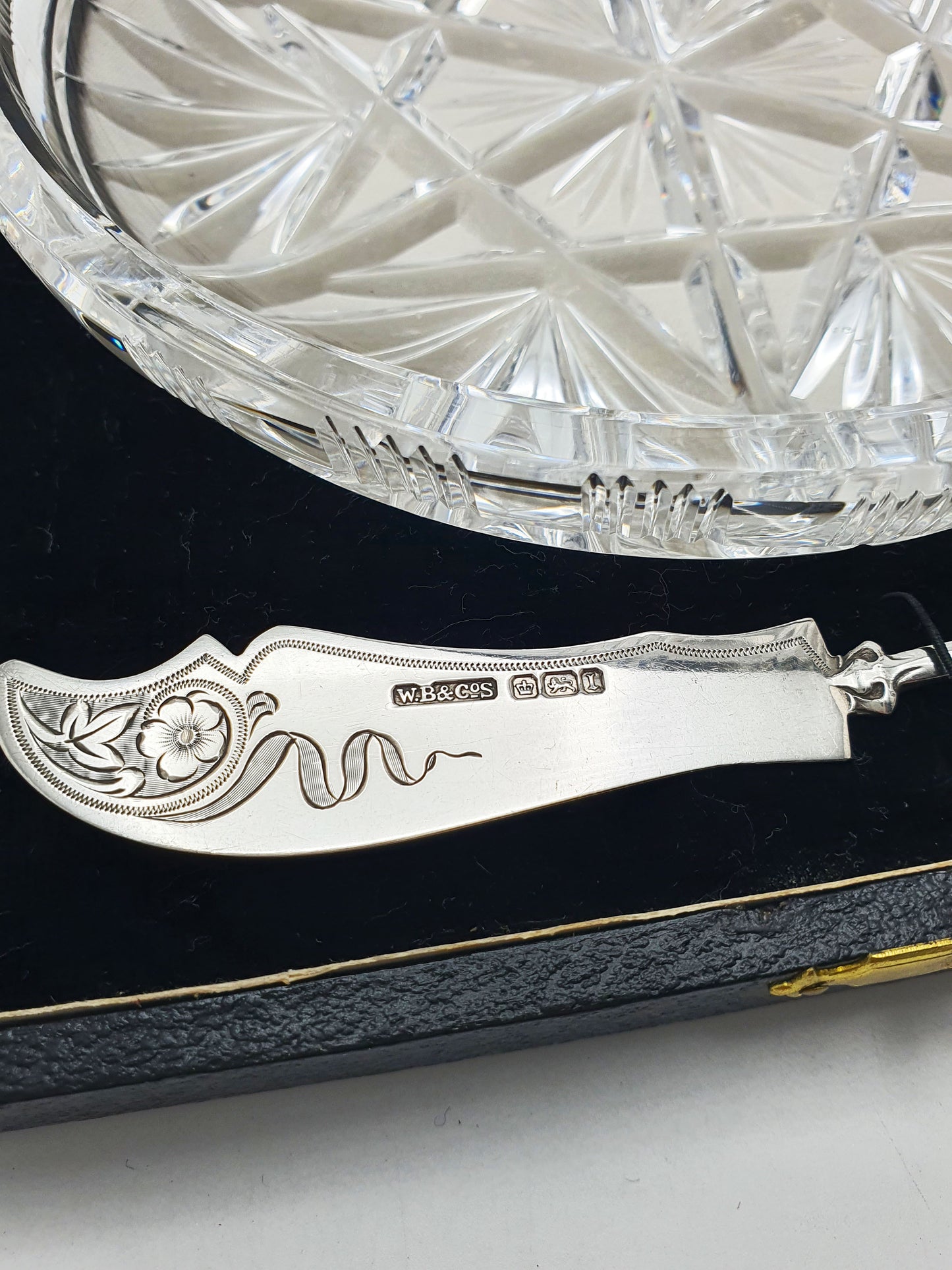 Fabulous Large Edwardian Cut Crystal Butter Dish & Sterling Silver Spreader - 1903