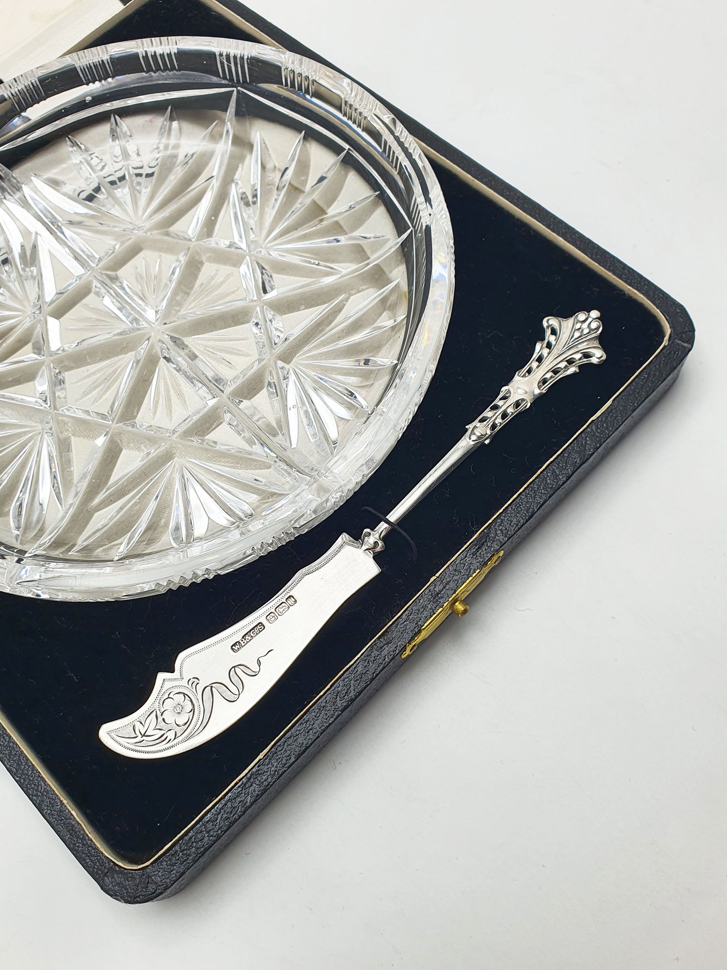 Fabulous Large Edwardian Cut Crystal Butter Dish & Sterling Silver Spreader - 1903