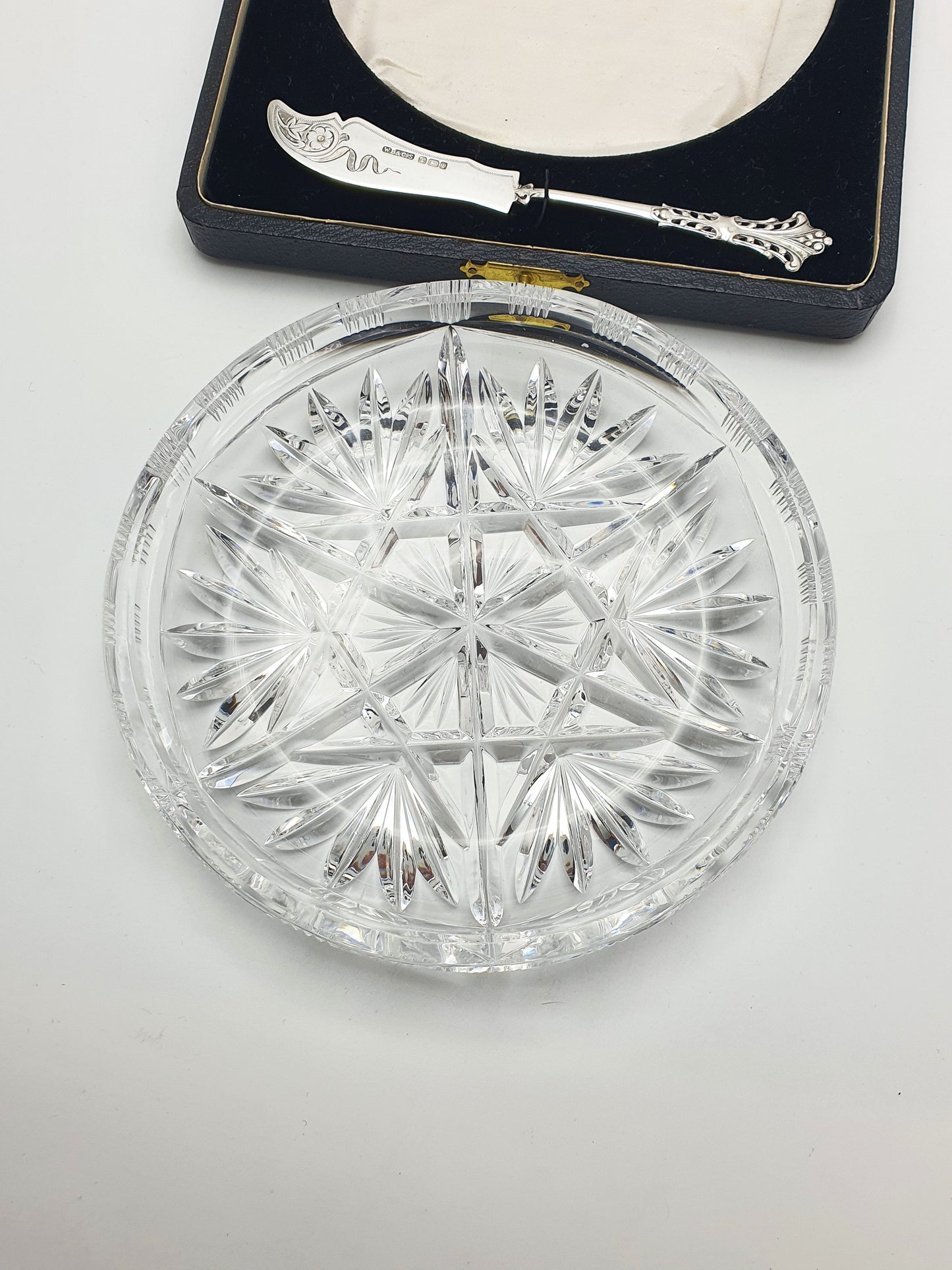 Fabulous Large Edwardian Cut Crystal Butter Dish & Sterling Silver Spreader - 1903