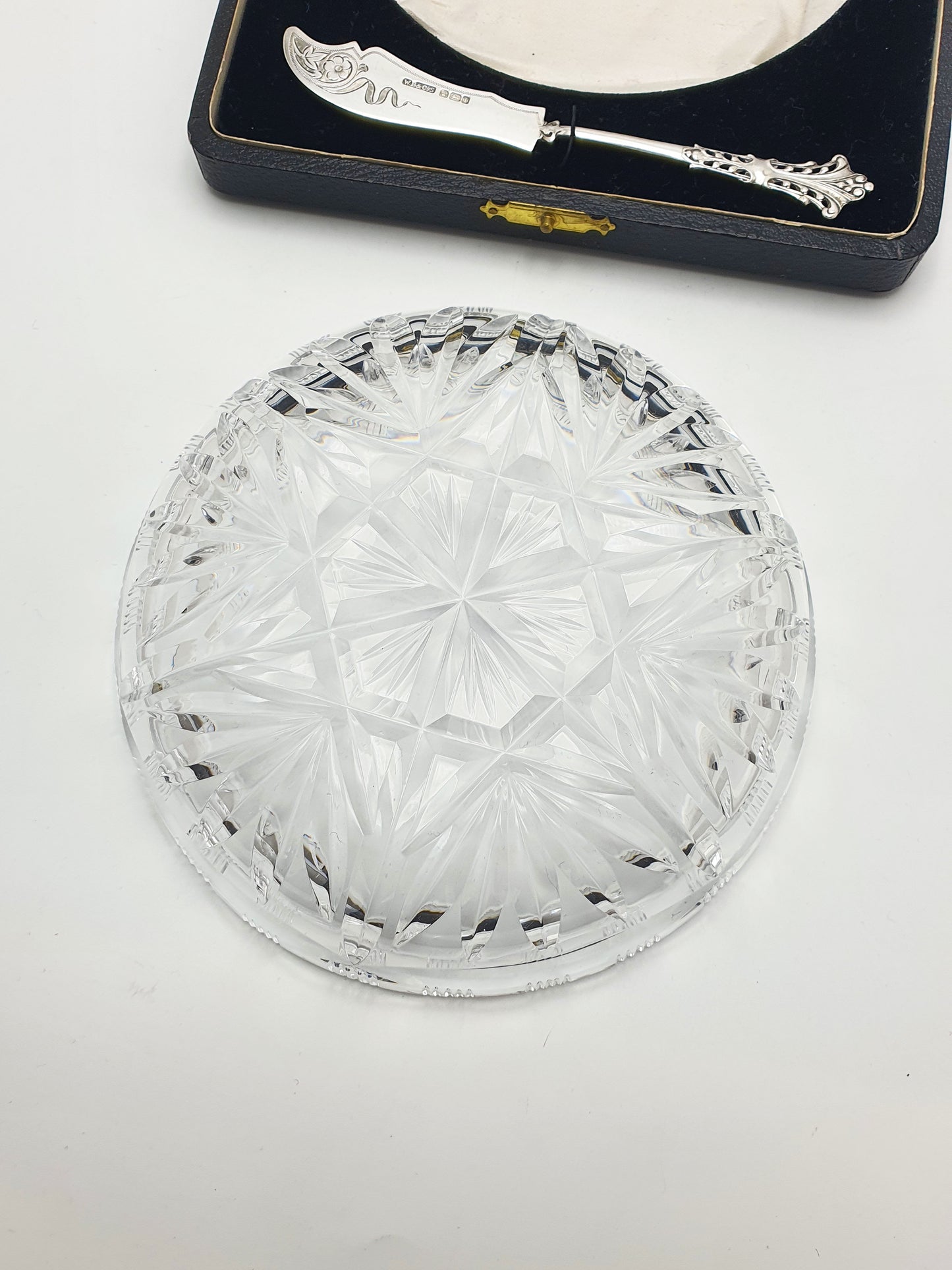 Fabulous Large Edwardian Cut Crystal Butter Dish & Sterling Silver Spreader - 1903
