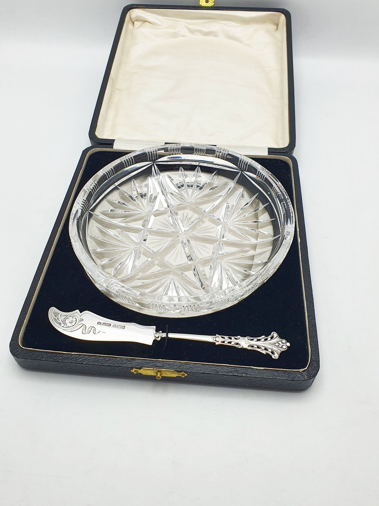 Fabulous Large Edwardian Cut Crystal Butter Dish & Sterling Silver Spreader - 1903