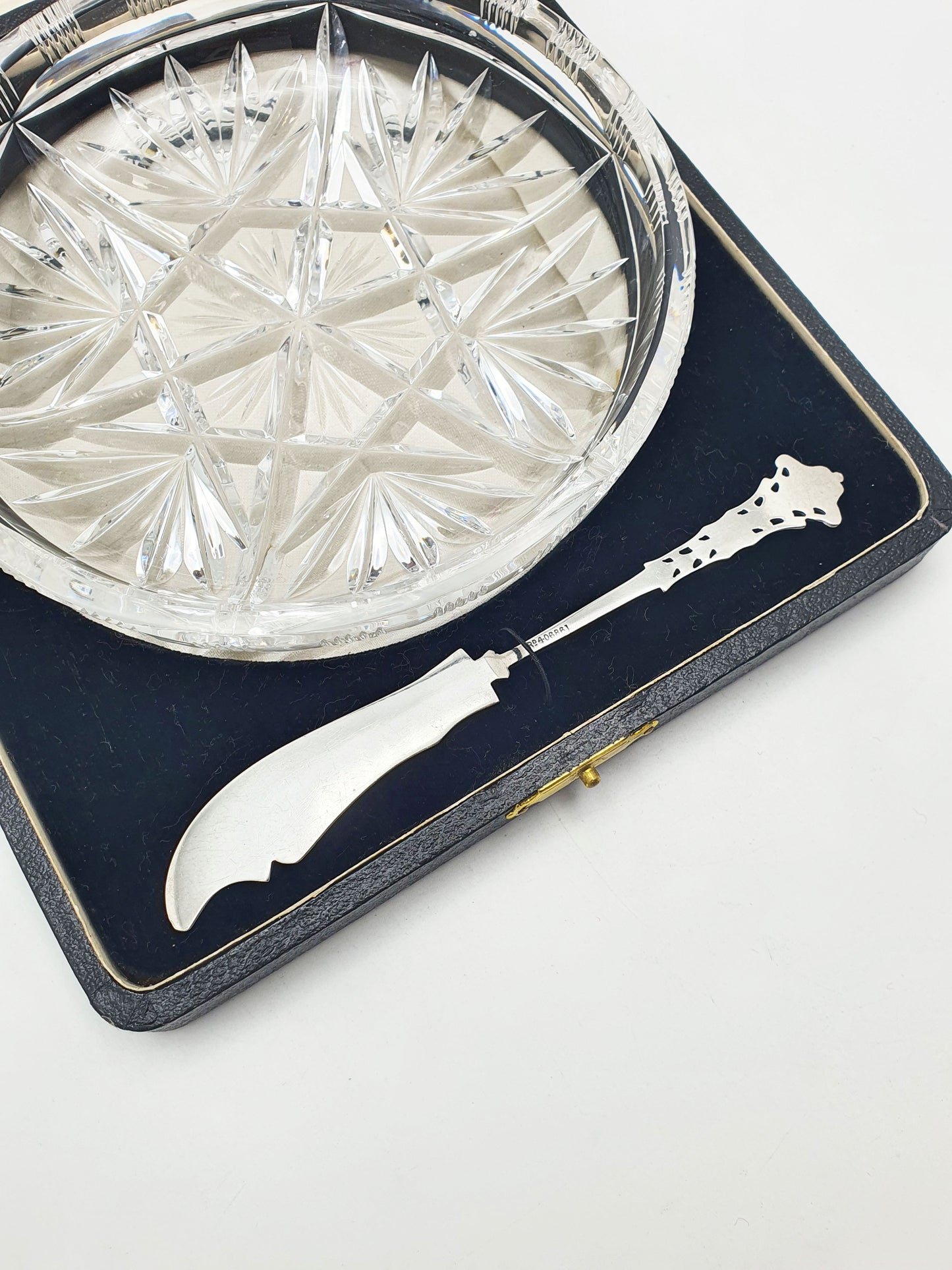 Fabulous Large Edwardian Cut Crystal Butter Dish & Sterling Silver Spreader - 1903