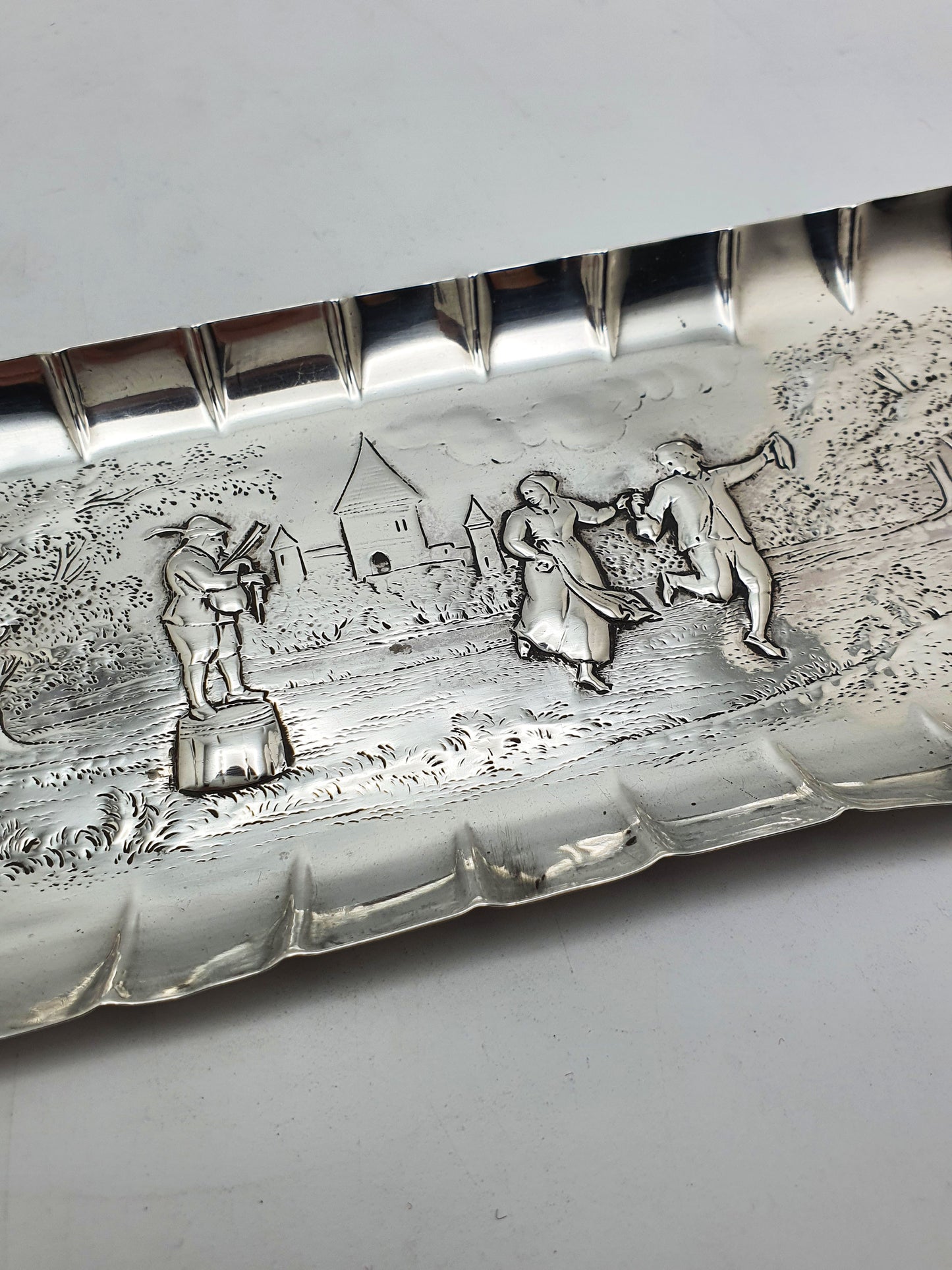 Nice Sterling Silver Embossed Tray – Dancing Couple & Musician - 1883
