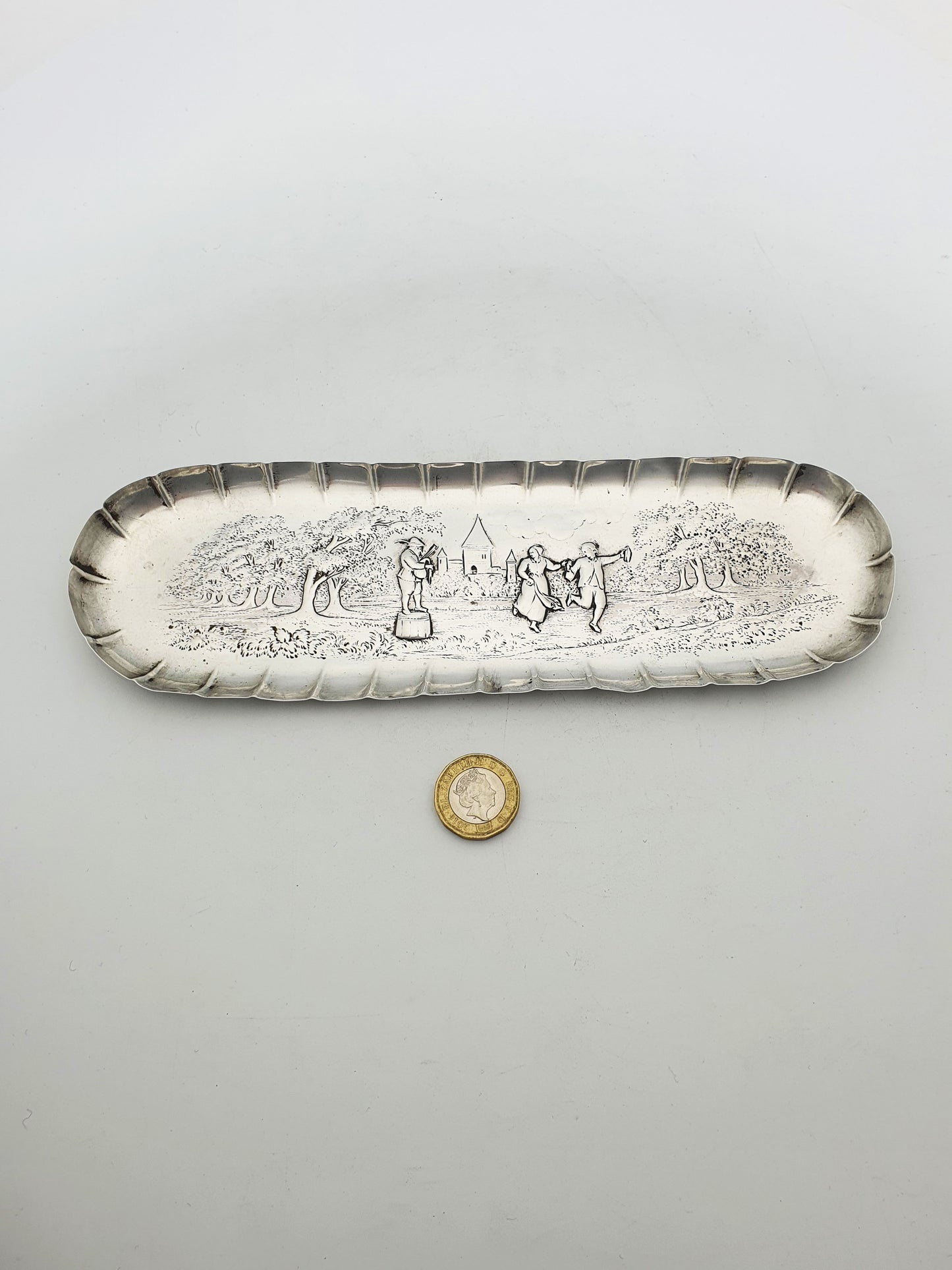 Nice Sterling Silver Embossed Tray – Dancing Couple & Musician - 1883