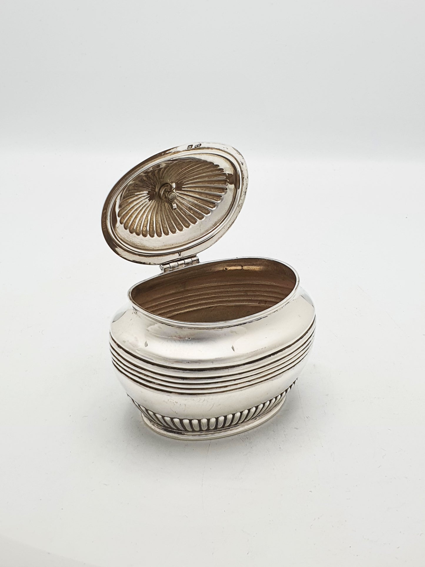 Nice Antique Sterling Silver Oval Tea Caddy with Fluted Lid - 1901