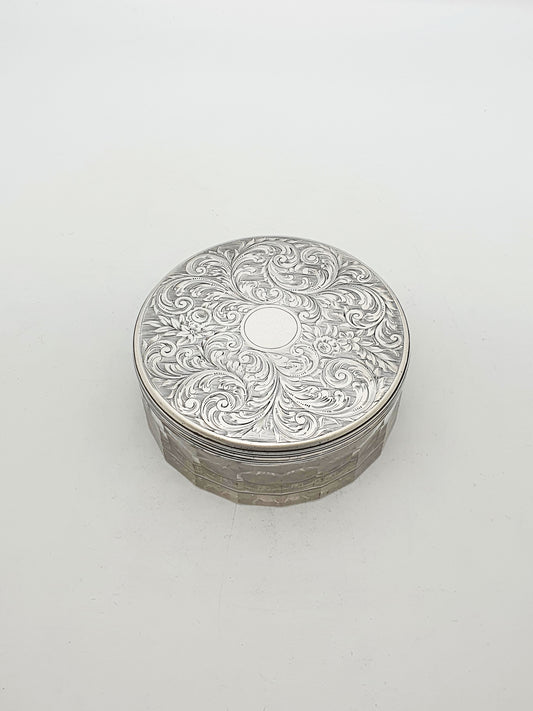 Early Victorian Cut Glass Jar with Engraved Sterling Silver Lid - 1855