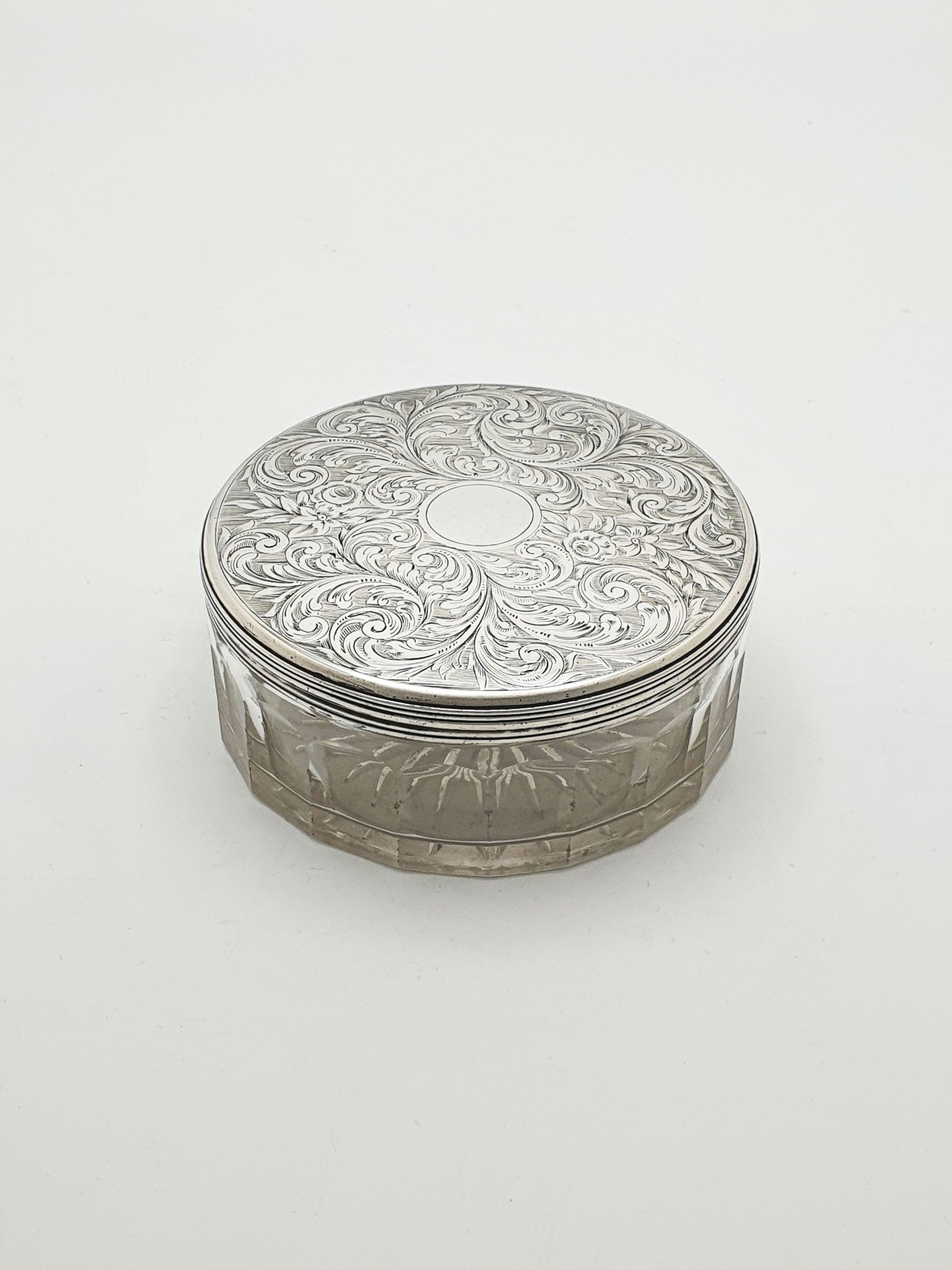 Early Victorian Cut Glass Jar with Engraved Sterling Silver Lid - 1855