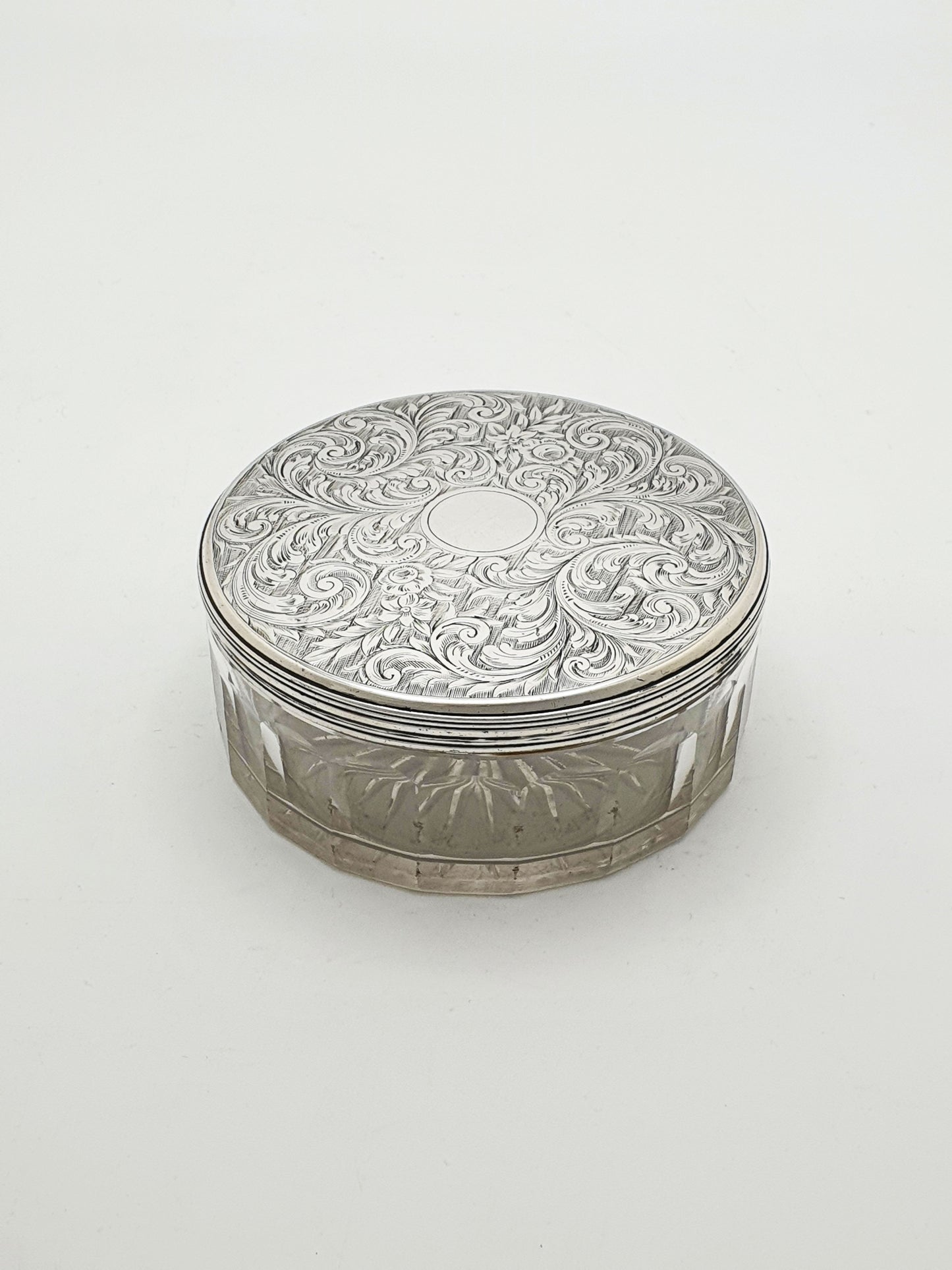 Early Victorian Cut Glass Jar with Engraved Sterling Silver Lid - 1855