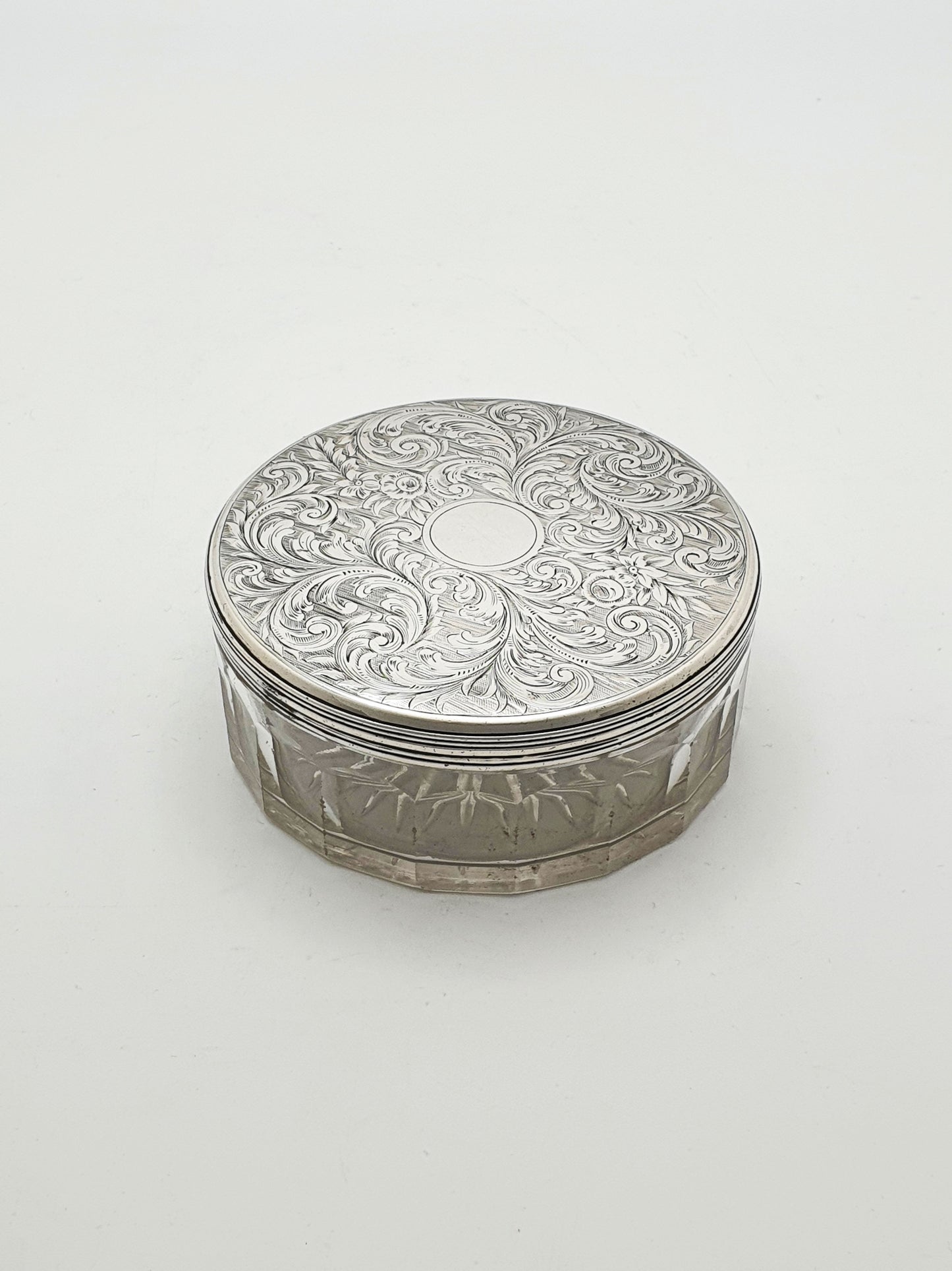 Early Victorian Cut Glass Jar with Engraved Sterling Silver Lid - 1855