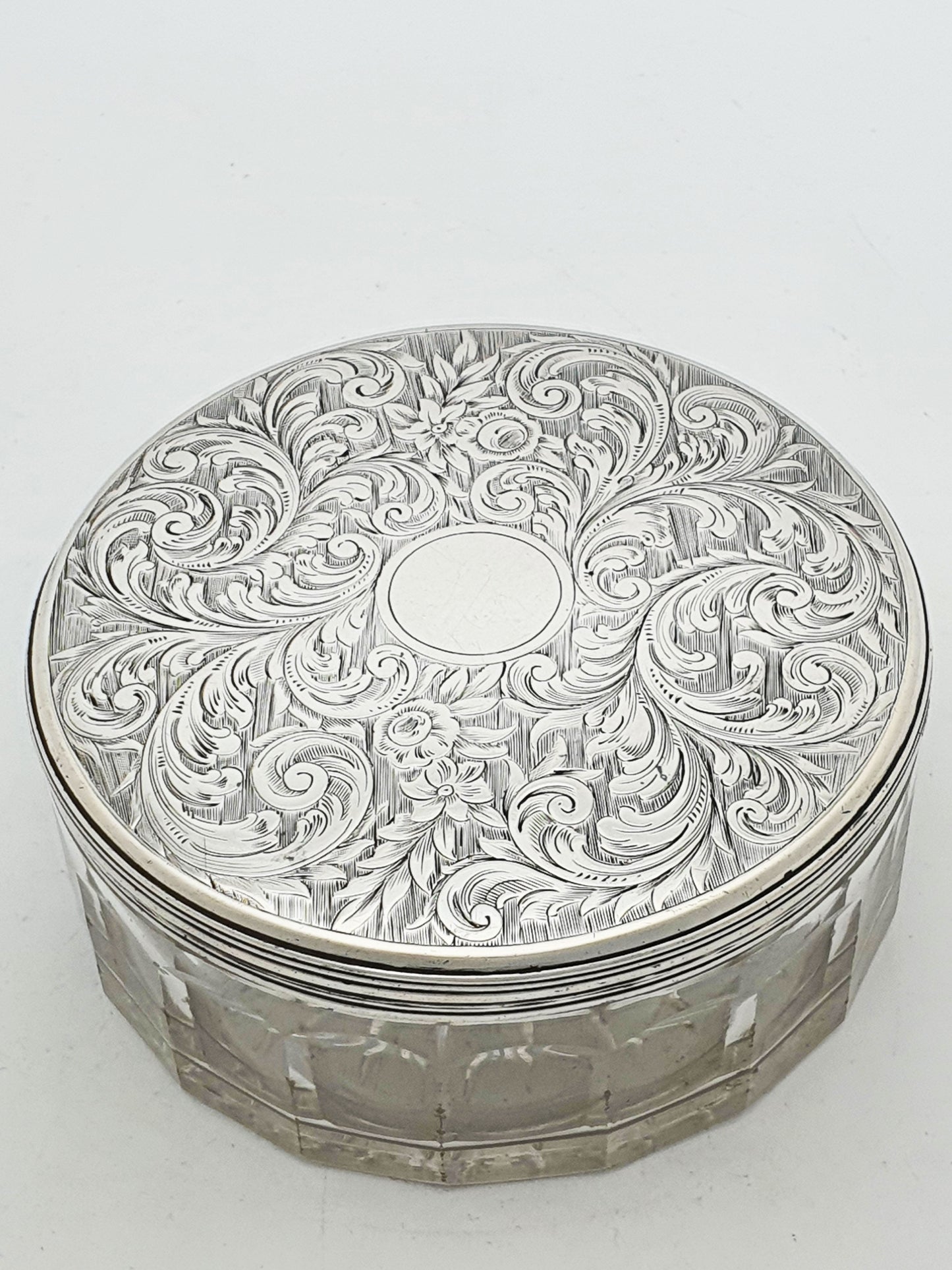Early Victorian Cut Glass Jar with Engraved Sterling Silver Lid - 1855