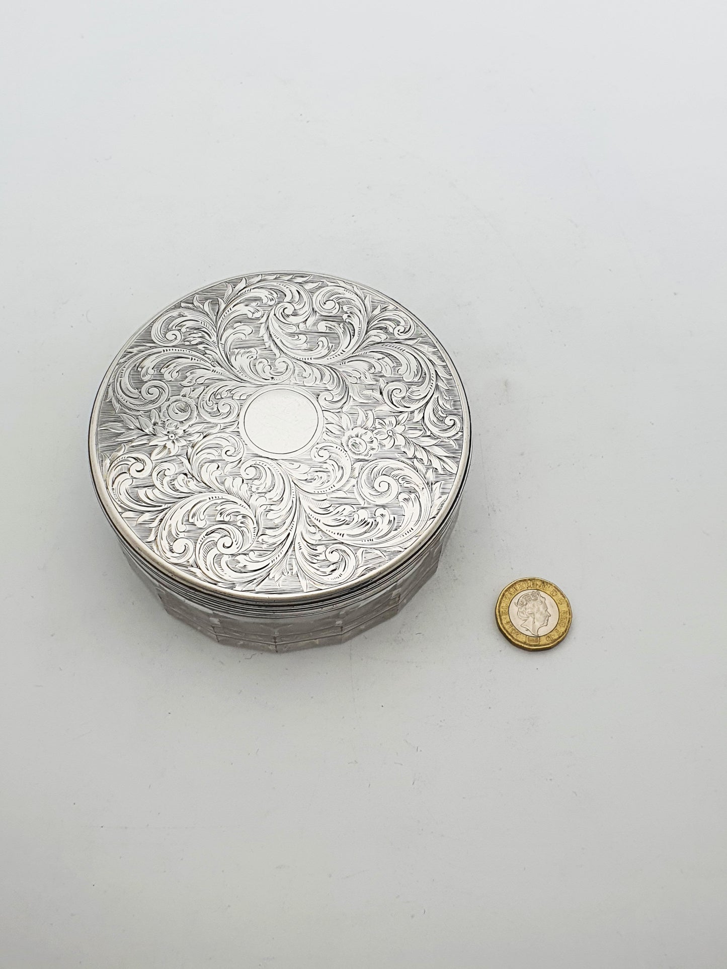 Early Victorian Cut Glass Jar with Engraved Sterling Silver Lid - 1855