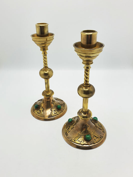 Pair of Gothic Revival Brass Candlesticks with Cabochon Insets – circa 1880