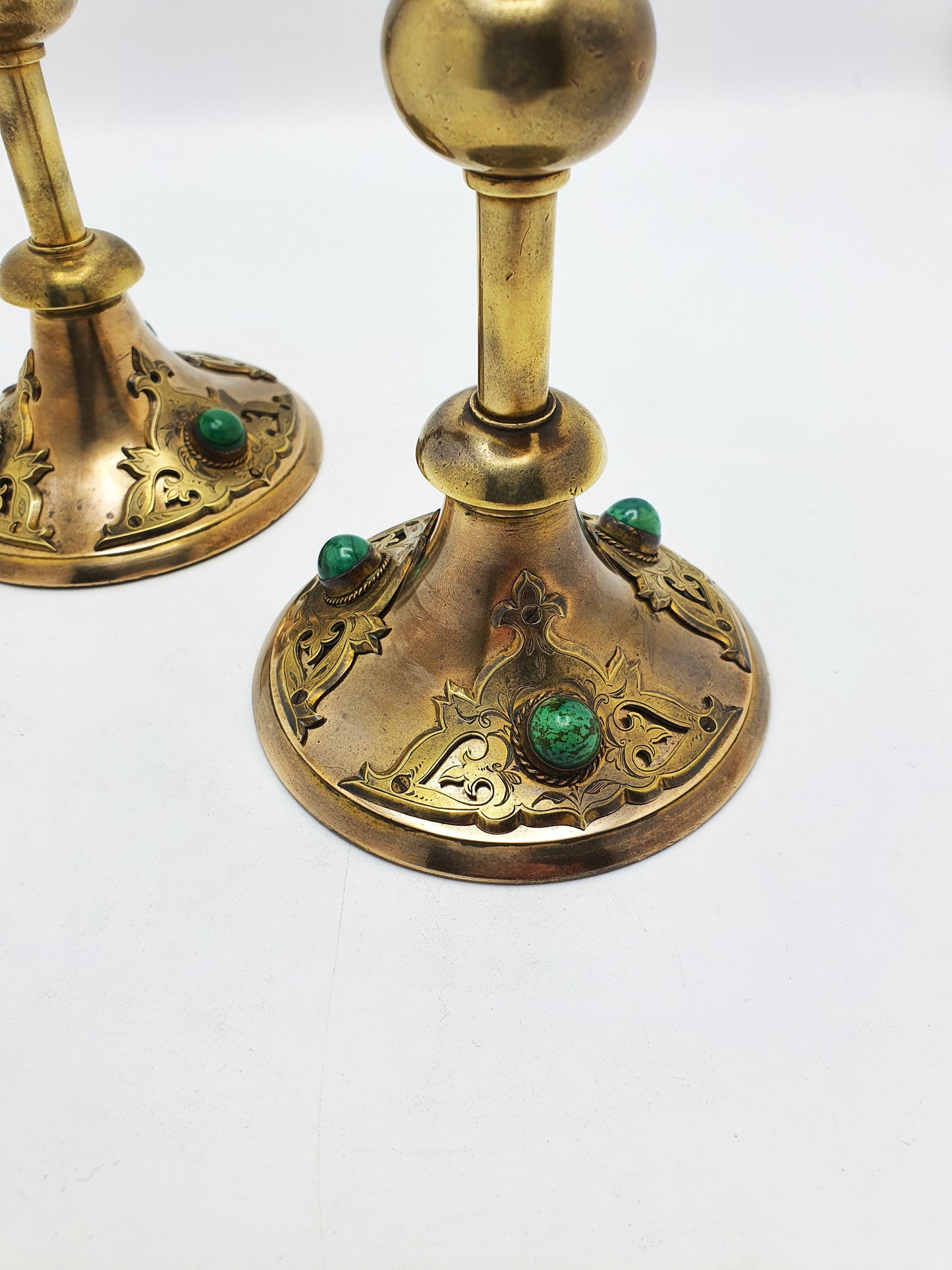 Pair of Gothic Revival Brass Candlesticks with Cabochon Insets – circa 1880