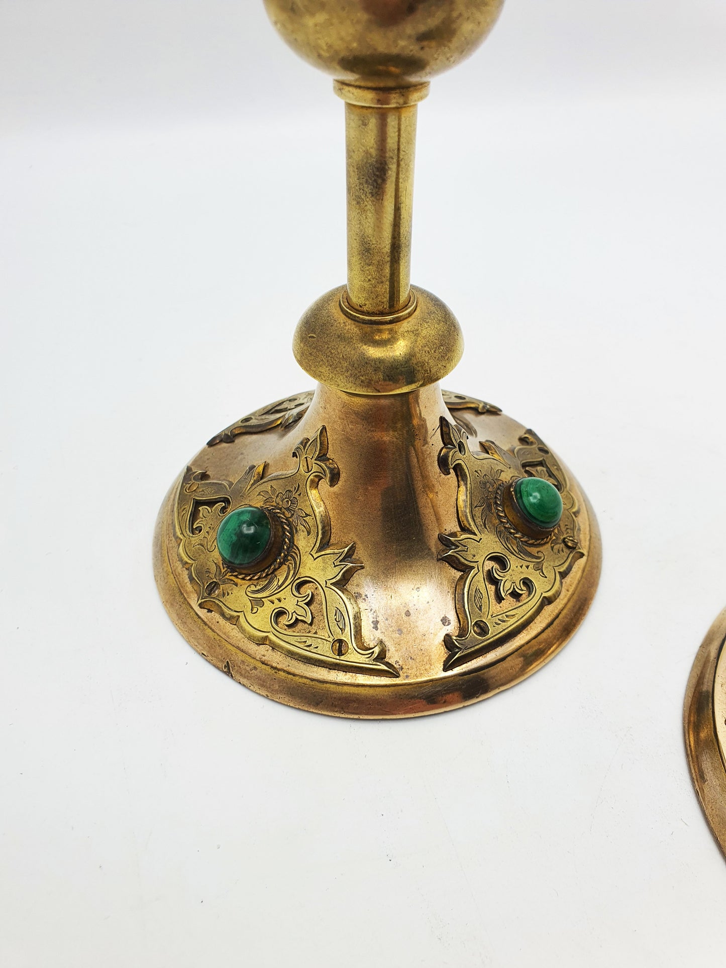 Pair of Gothic Revival Brass Candlesticks with Cabochon Insets – circa 1880
