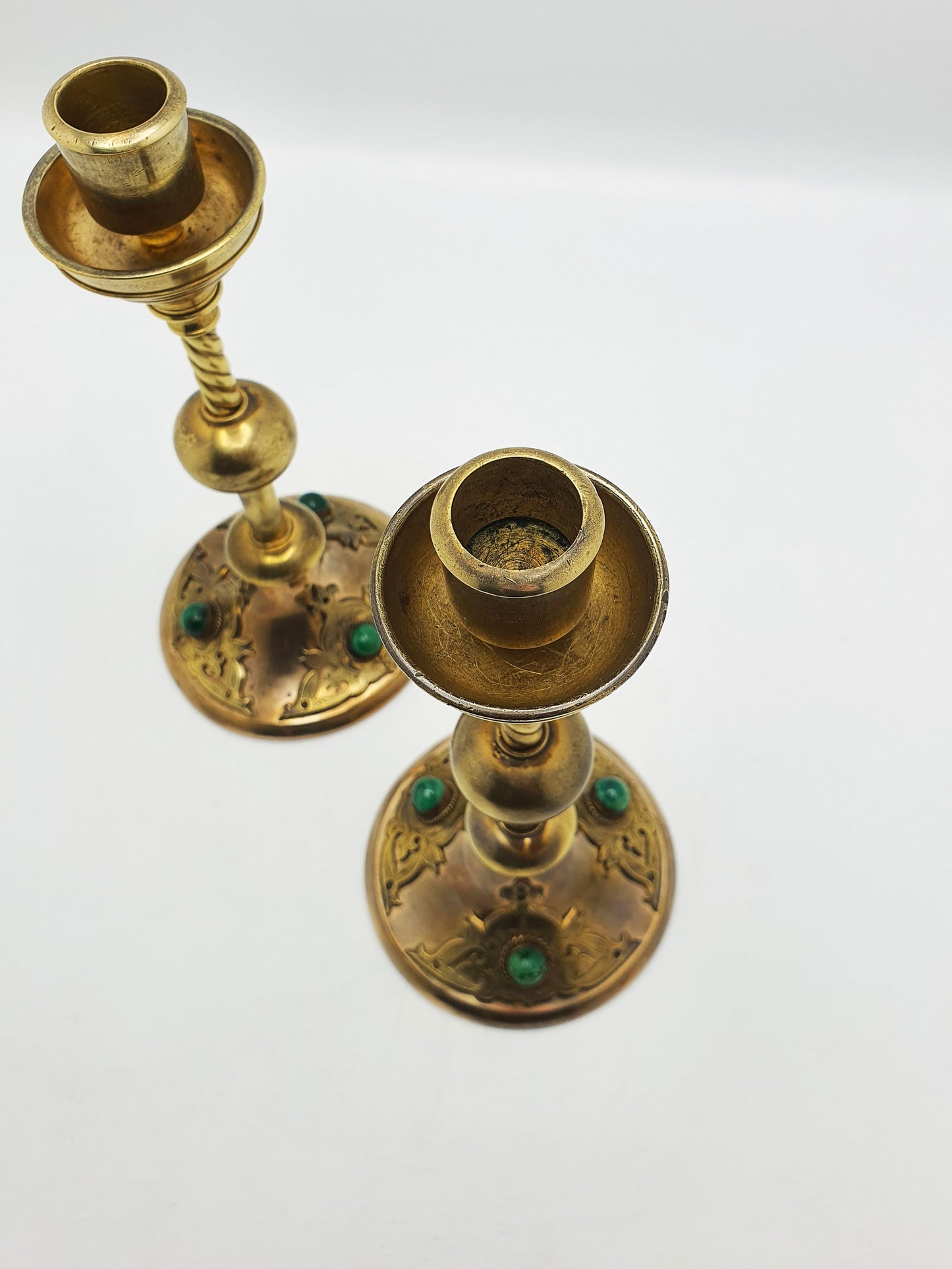 Pair of Gothic Revival Brass Candlesticks with Cabochon Insets – circa 1880