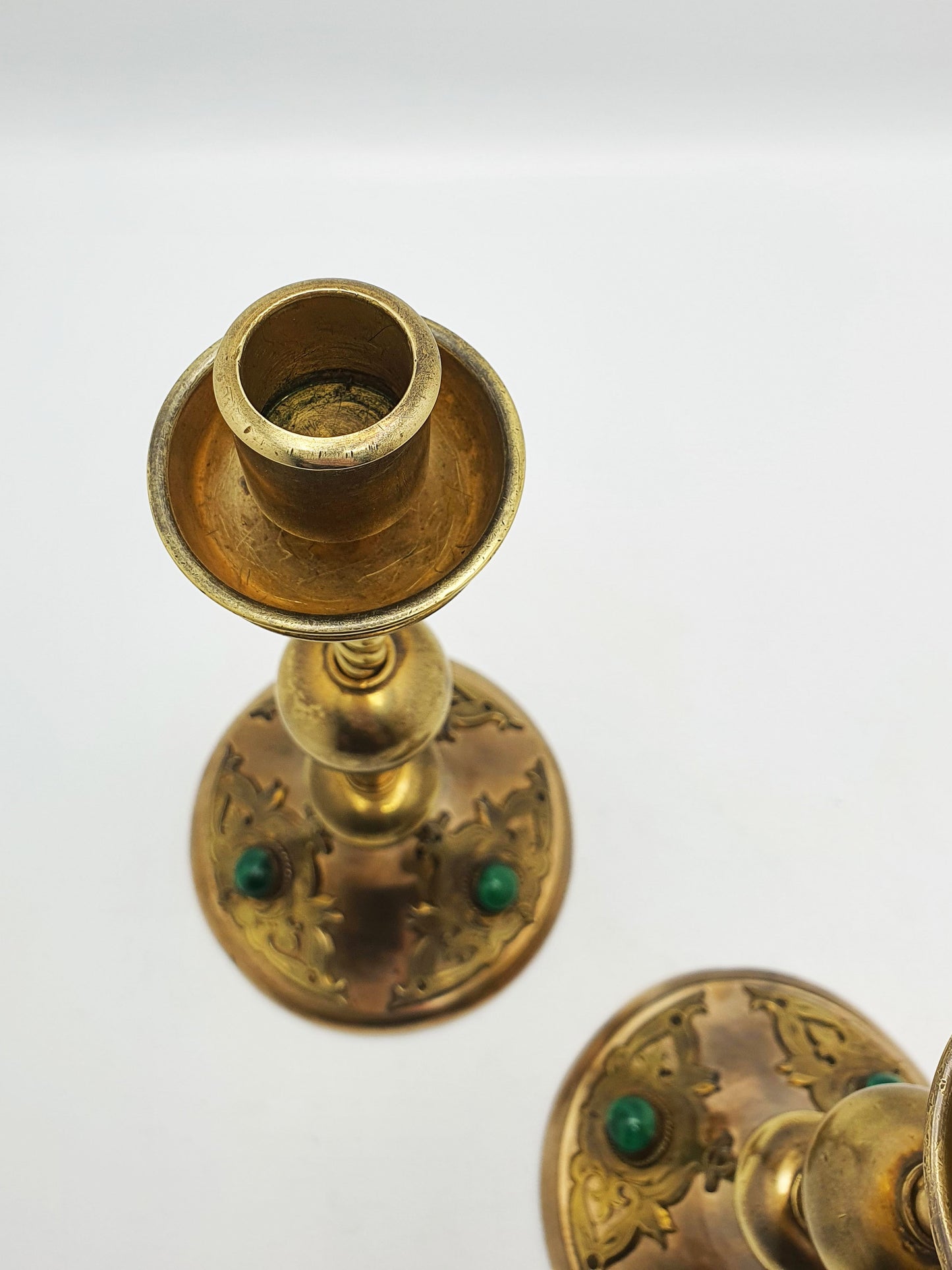 Pair of Gothic Revival Brass Candlesticks with Cabochon Insets – circa 1880