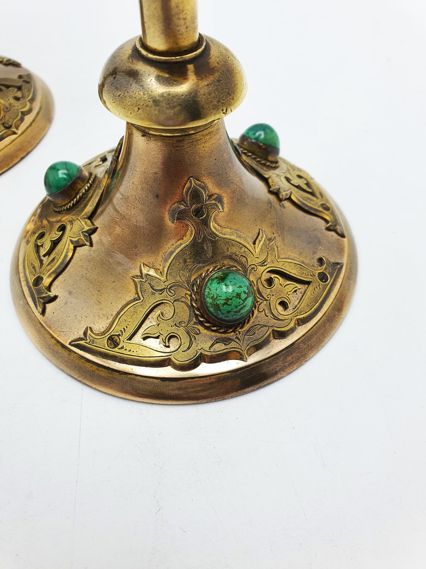 Pair of Gothic Revival Brass Candlesticks with Cabochon Insets – circa 1880