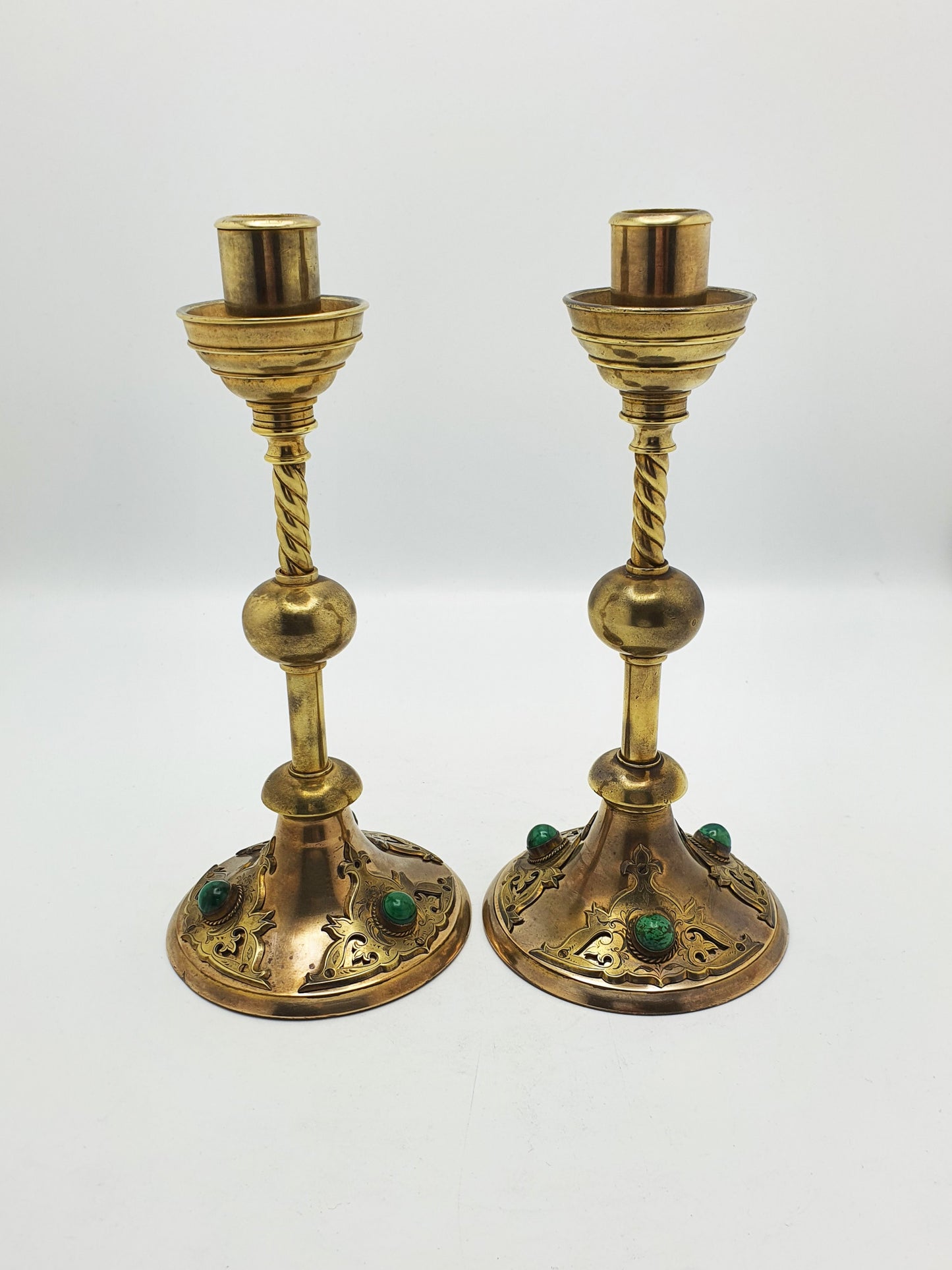 Pair of Gothic Revival Brass Candlesticks with Cabochon Insets – circa 1880