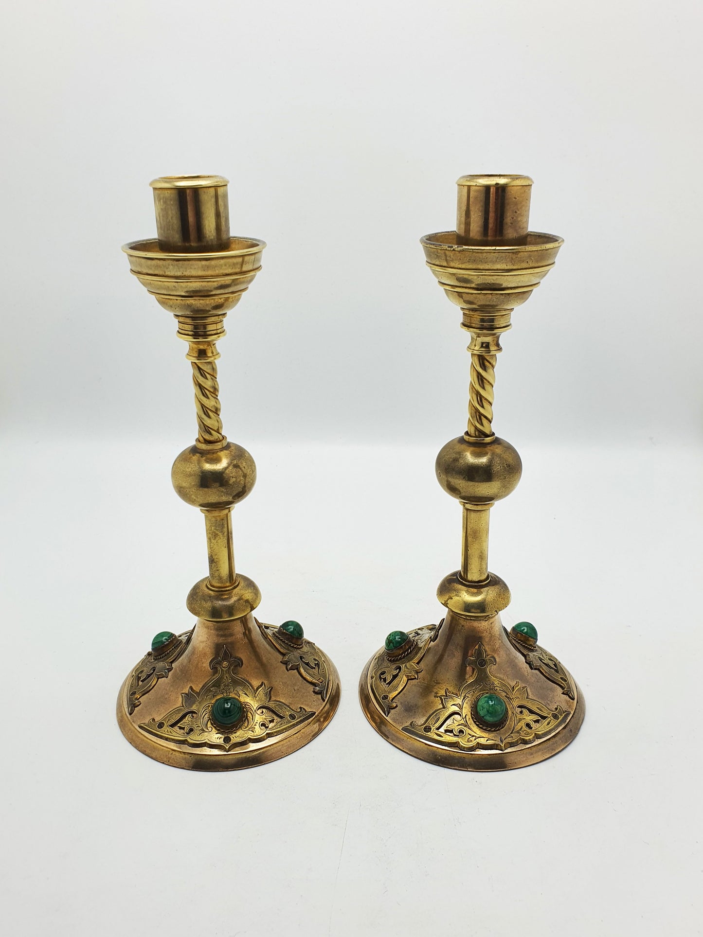 Pair of Gothic Revival Brass Candlesticks with Cabochon Insets – circa 1880