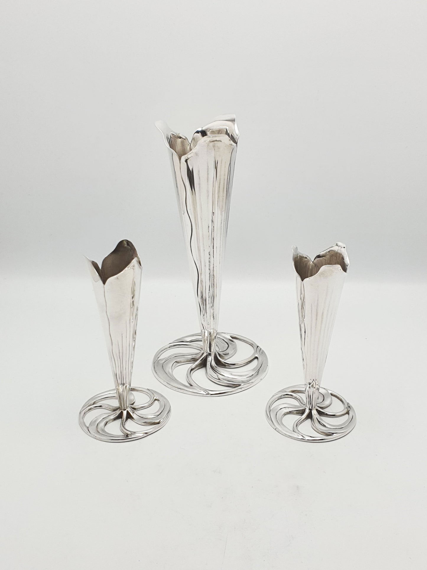 Elegant Set of 3 Silver Plated Arts and Crafts Trumpet Vases – circa 1890