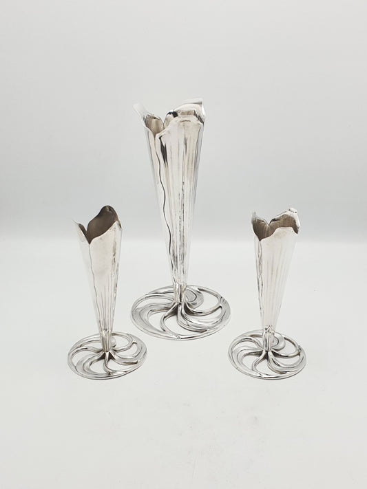 Elegant Set of 3 Silver Plated Arts and Crafts Trumpet Vases – circa 1890