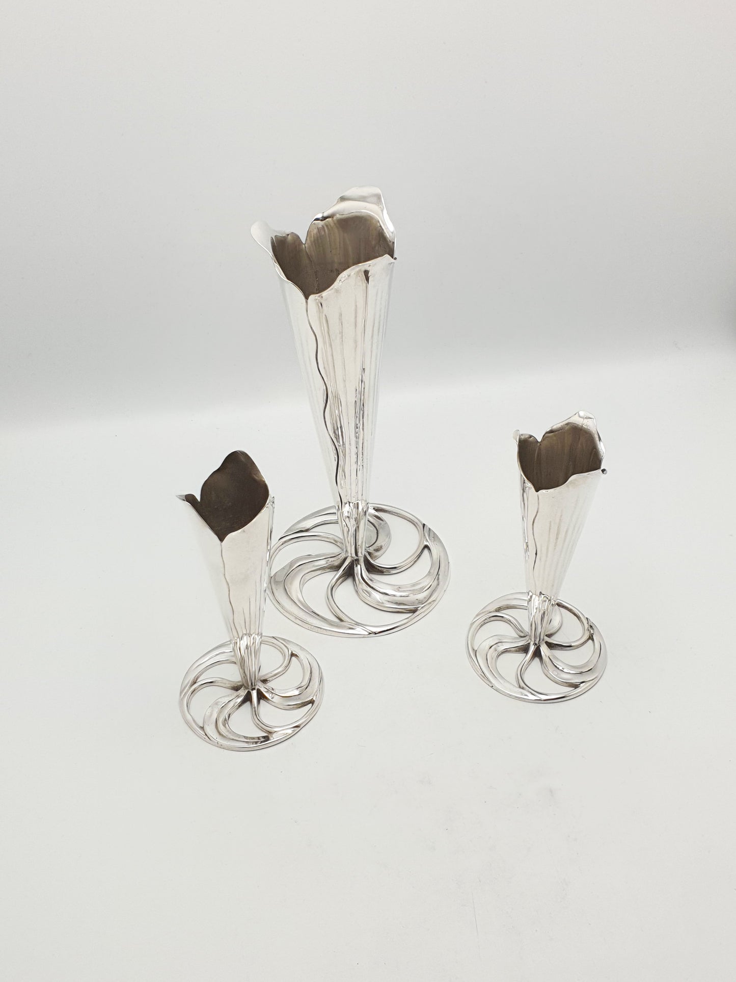 Elegant Set of 3 Silver Plated Arts and Crafts Trumpet Vases – circa 1890