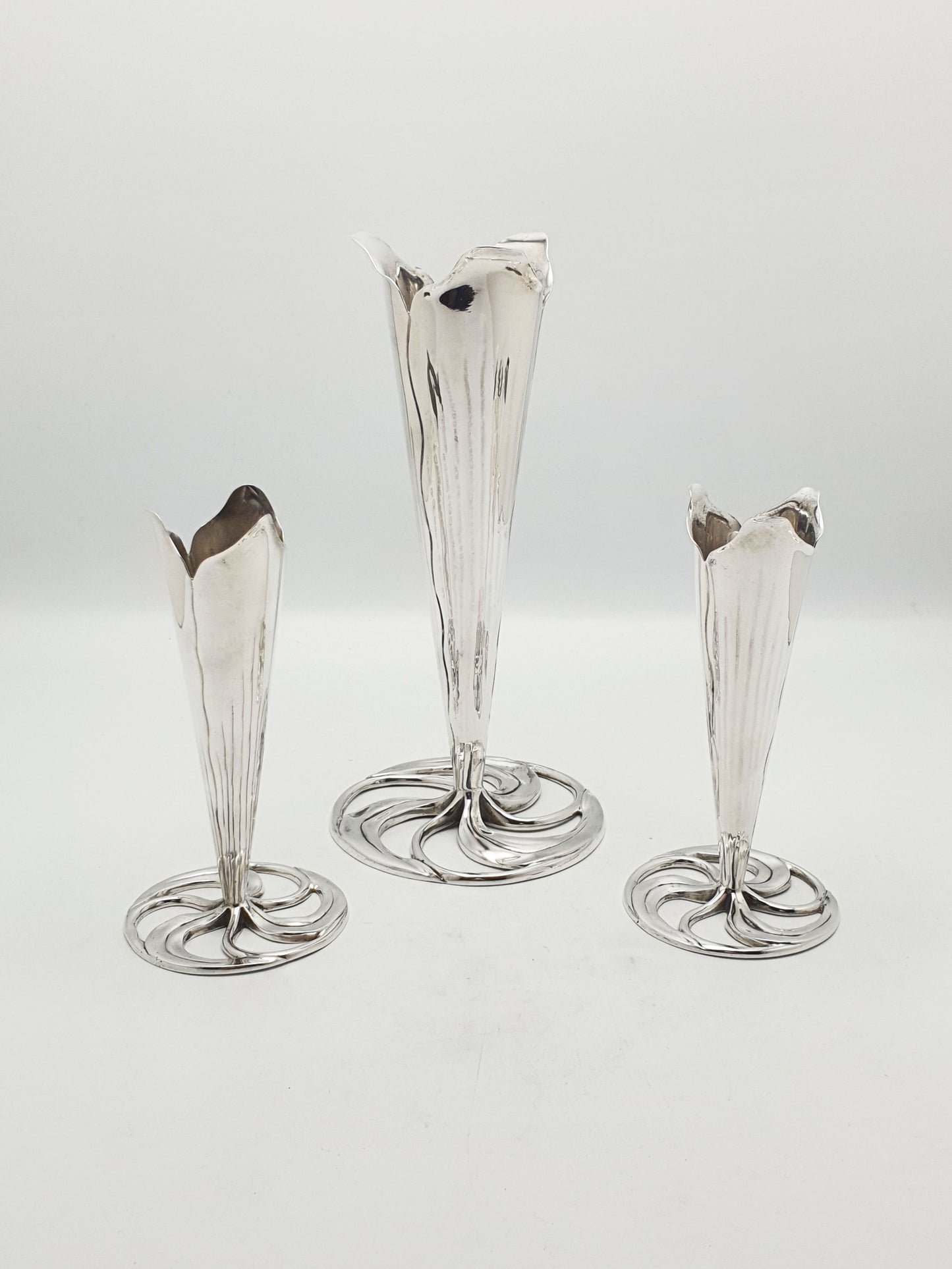 Elegant Set of 3 Silver Plated Arts and Crafts Trumpet Vases – circa 1890