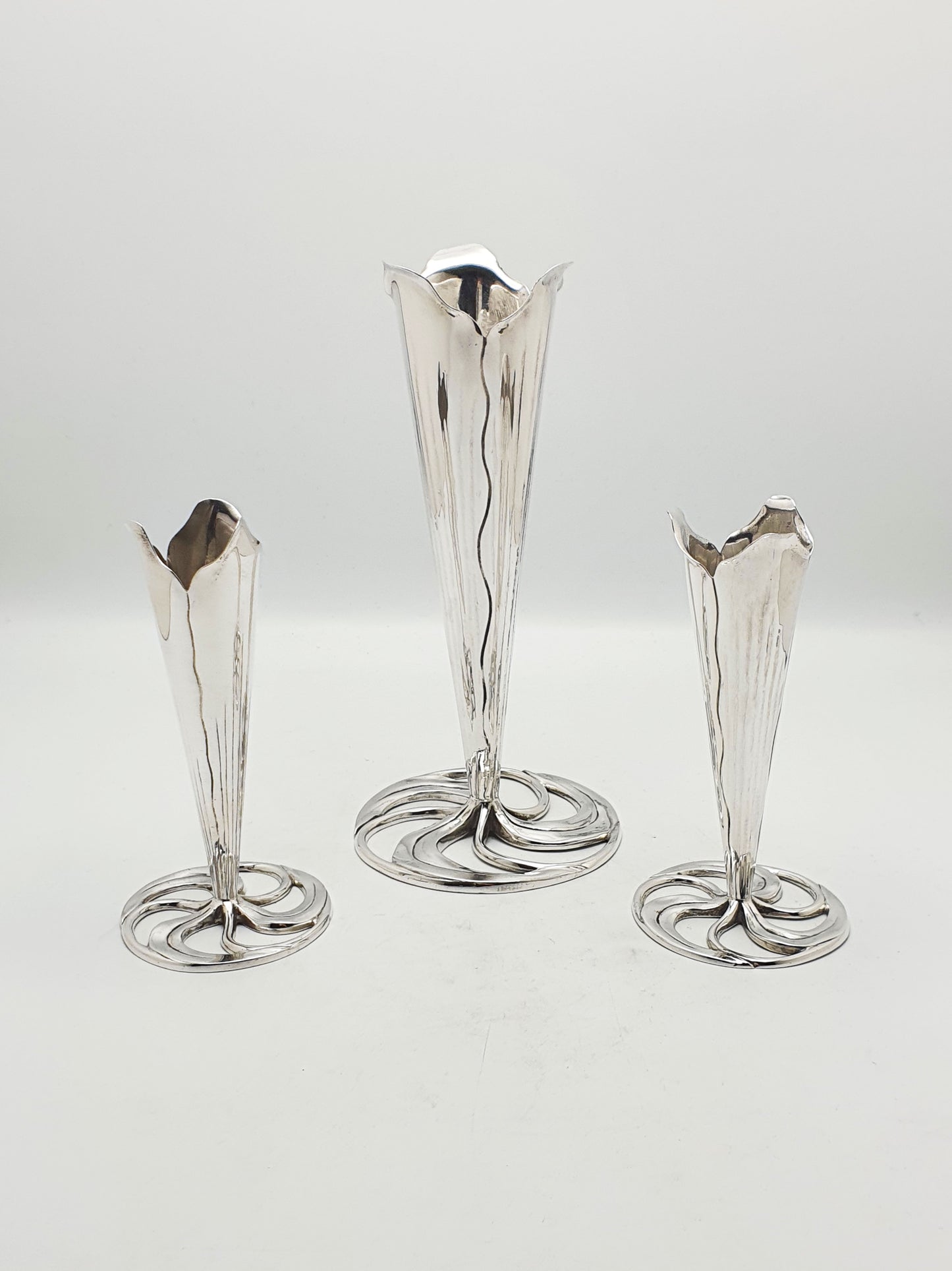 Elegant Set of 3 Silver Plated Arts and Crafts Trumpet Vases – circa 1890