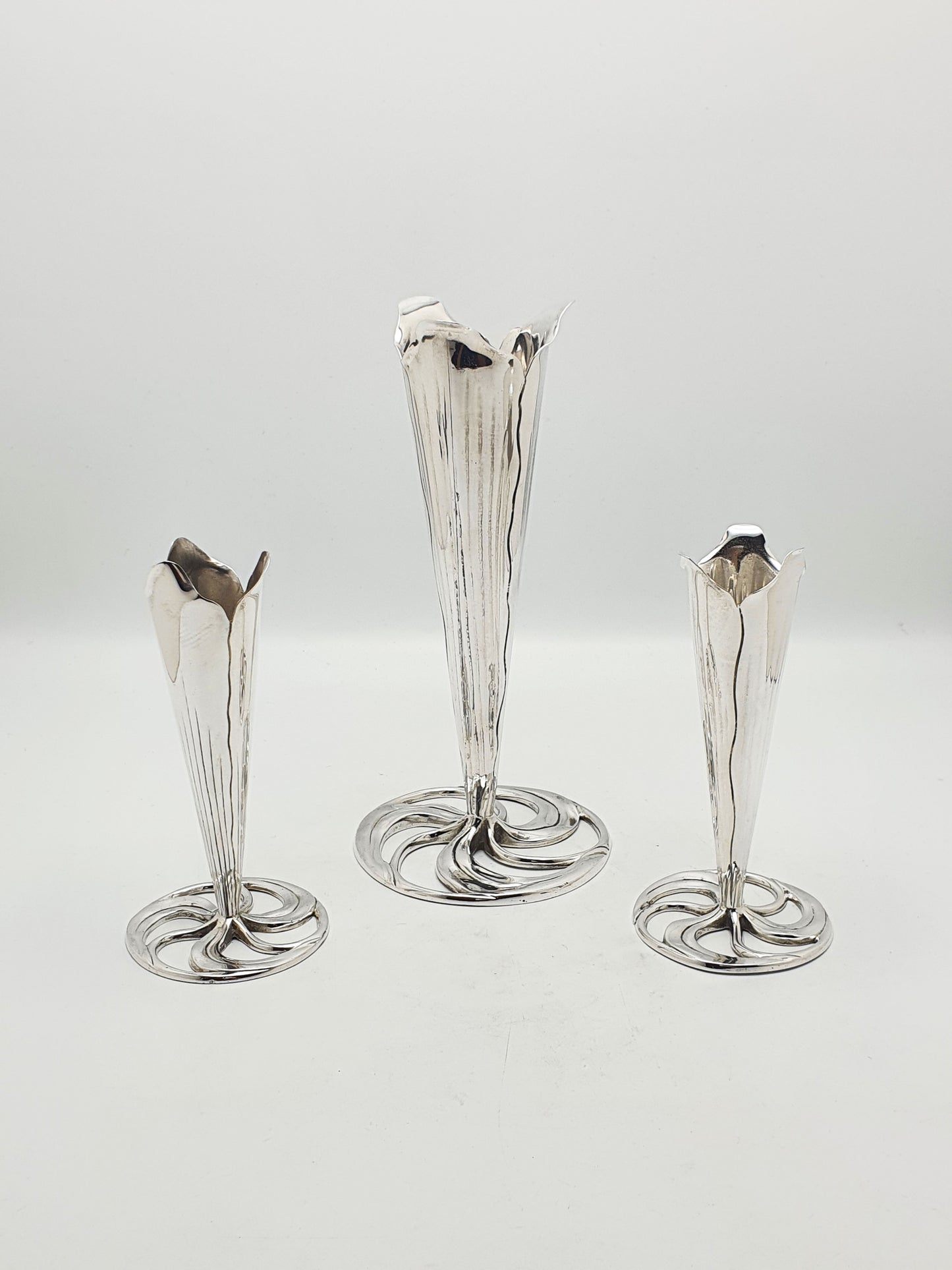 Elegant Set of 3 Silver Plated Arts and Crafts Trumpet Vases – circa 1890