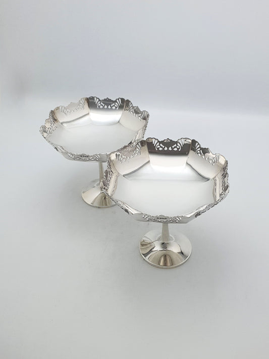Pair of Antique Silver-Plated Pedestal Dishes with Pierced Rims – circa 1920