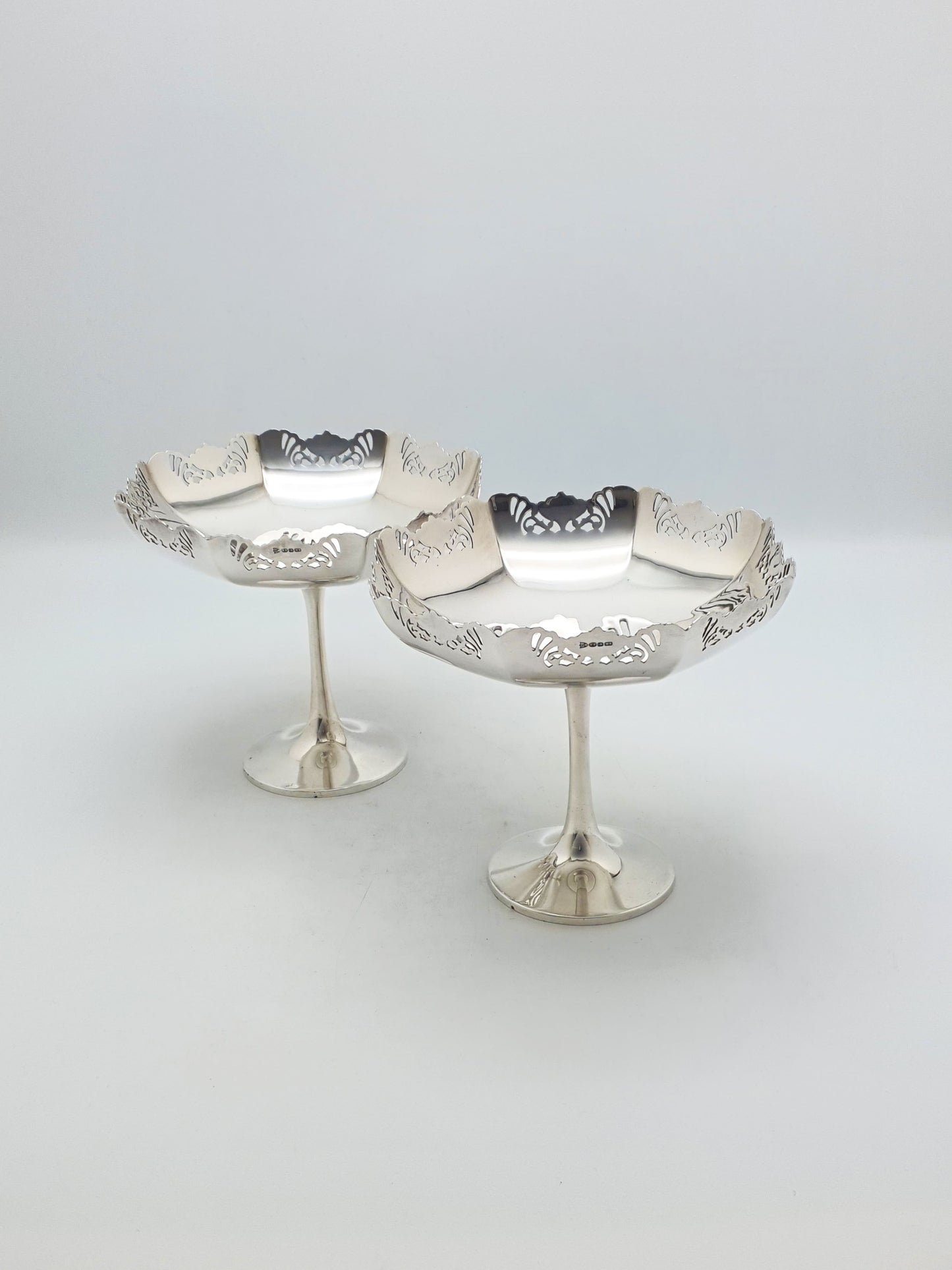 Pair of Antique Silver-Plated Pedestal Dishes with Pierced Rims – circa 1920