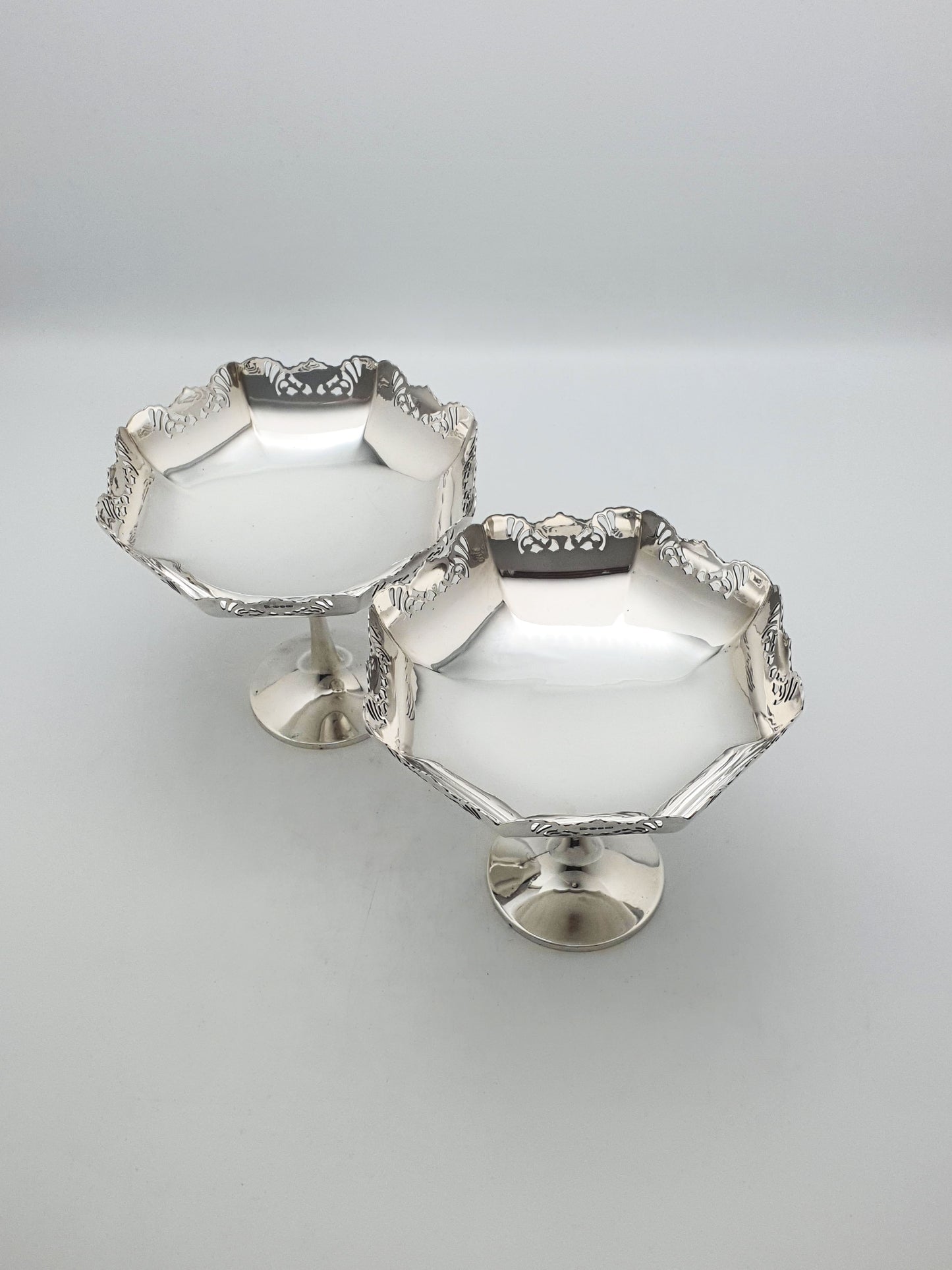 Pair of Antique Silver-Plated Pedestal Dishes with Pierced Rims – circa 1920