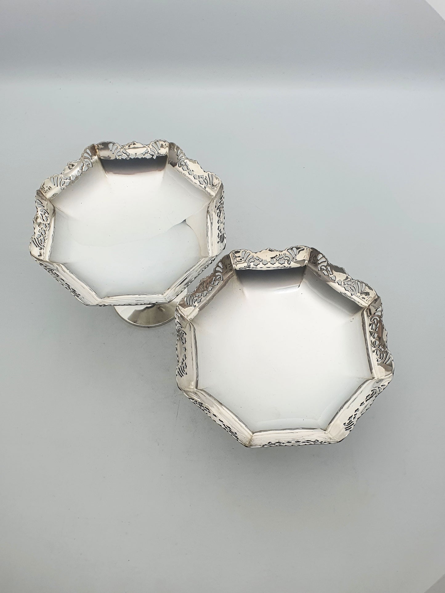 Pair of Antique Silver-Plated Pedestal Dishes with Pierced Rims – circa 1920