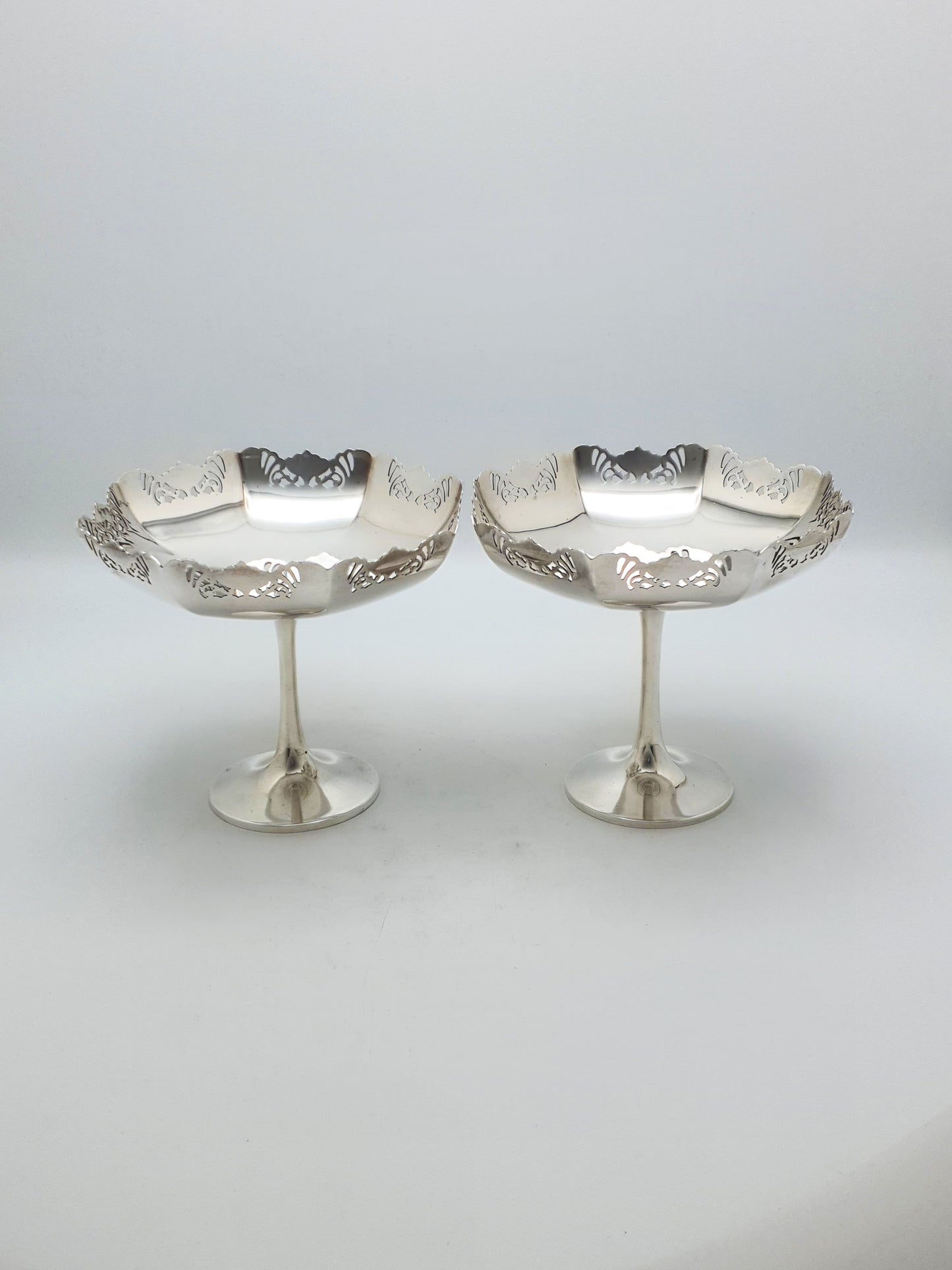 Pair of Antique Silver-Plated Pedestal Dishes with Pierced Rims – circa 1920